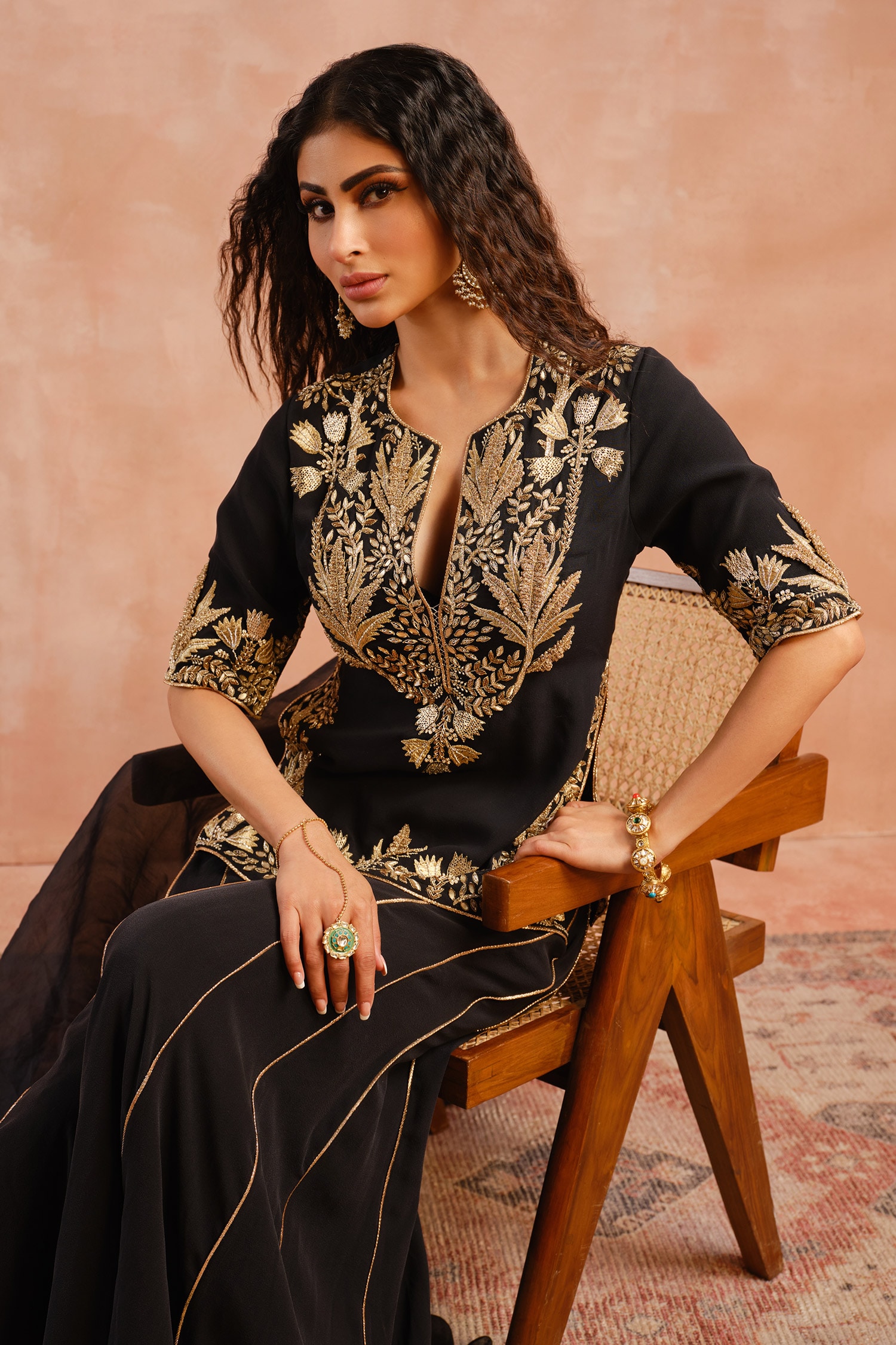 Payal Singhal Black Georgette Embroidered Zari Notched Round Bagh Kurta Sharara Set For Women