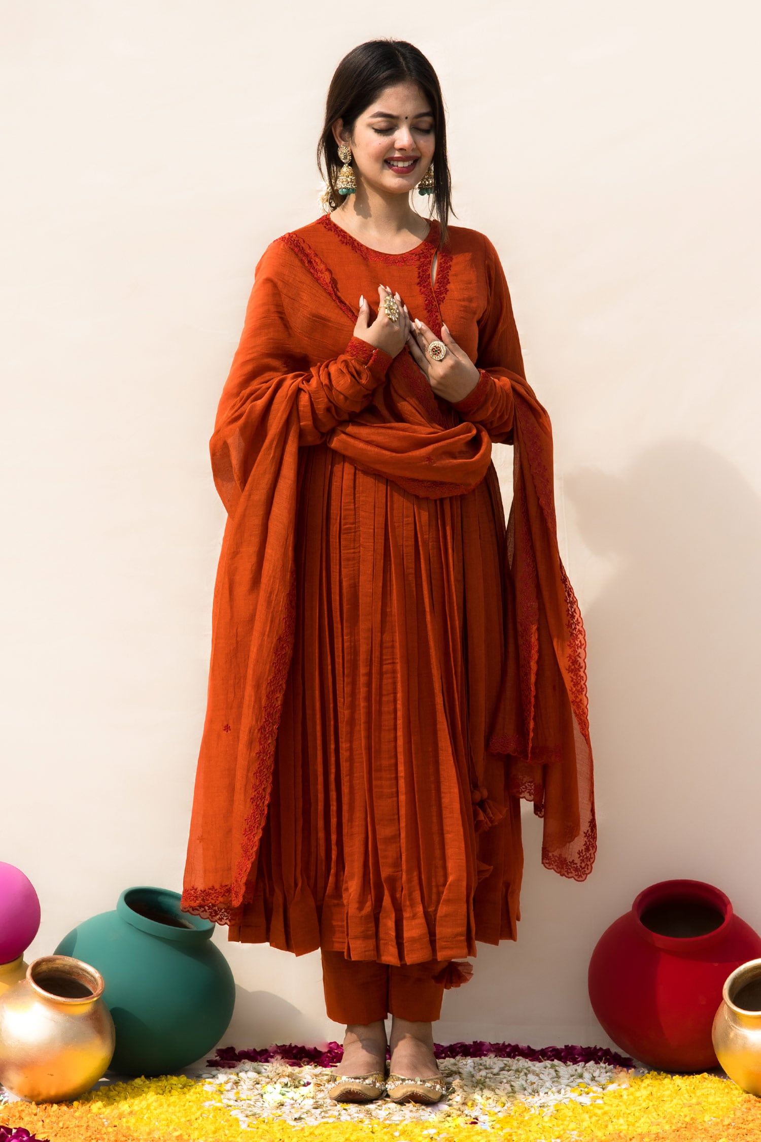 MITHI SUPARI Orange Mul Chanderi Gulmohar Full Sleeve Angrakha Anarkali Pant Set For Women