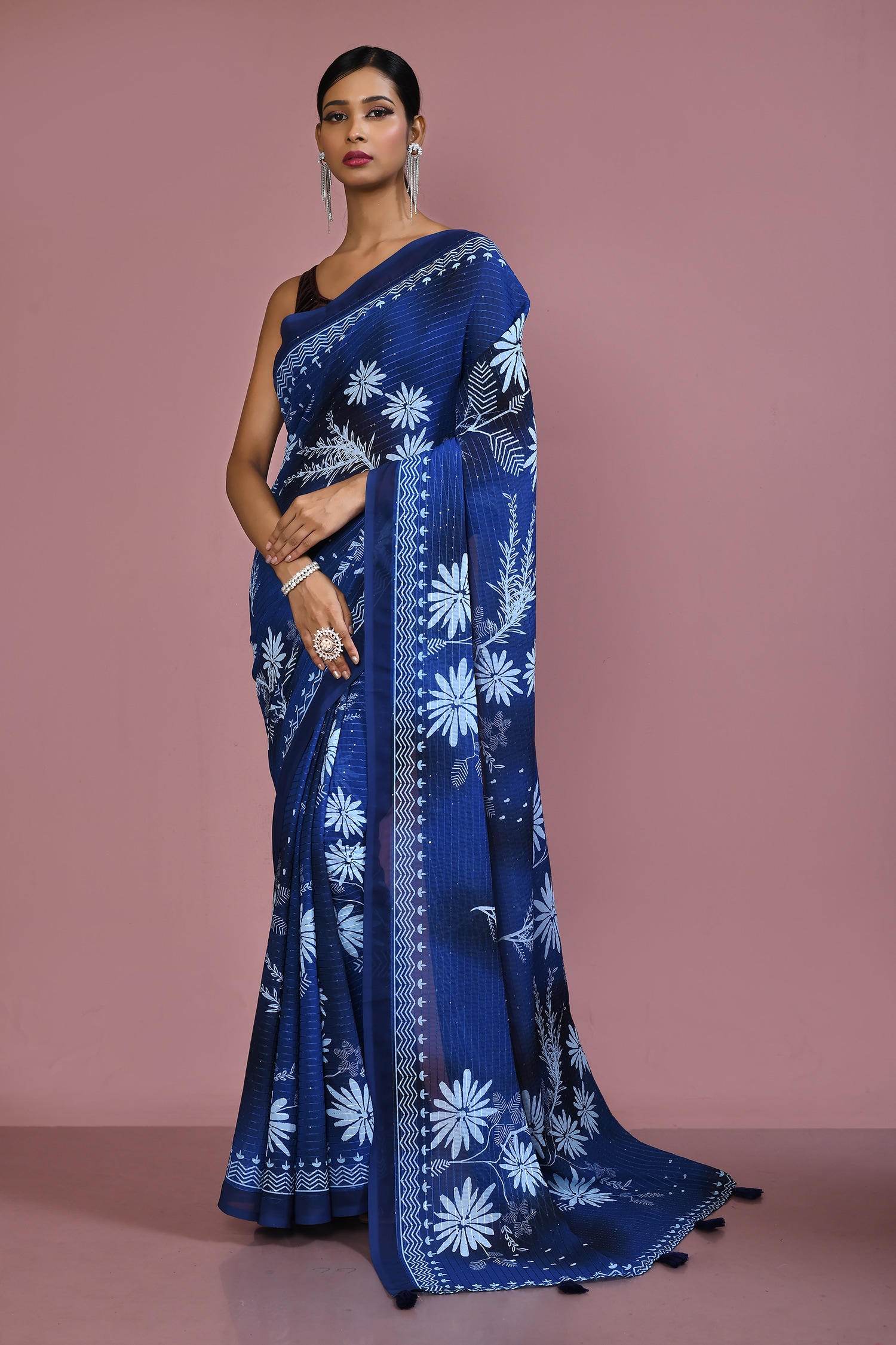 Adara Khan Blue Floral And Haze Print Saree With Running Blouse