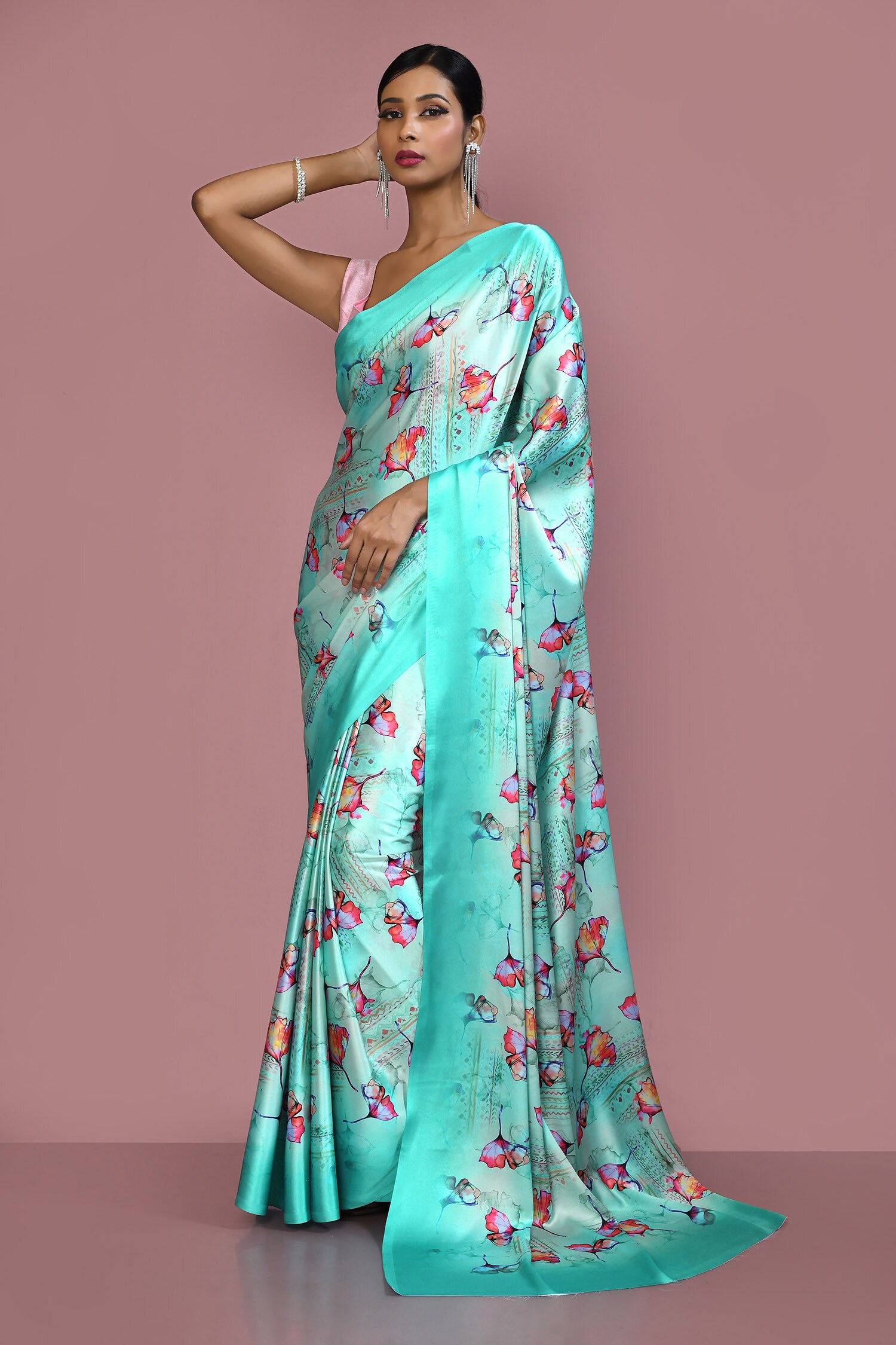 Adara Khan Green Satin Carnation Petal Print Saree With Running Blouse