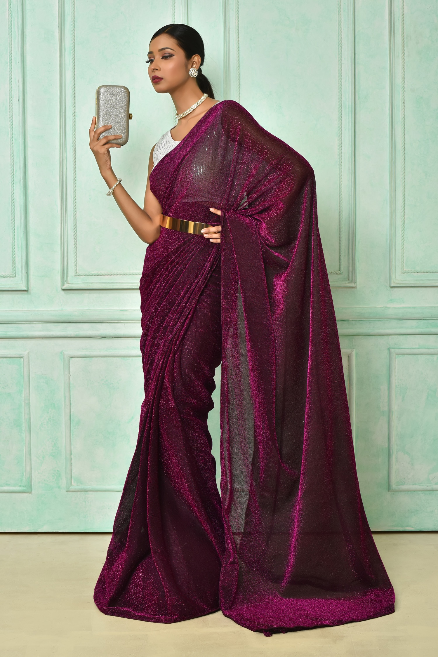 Adara Khan Purple Saree: Heavy Netting Woven Shimmer With Running Blouse For Women