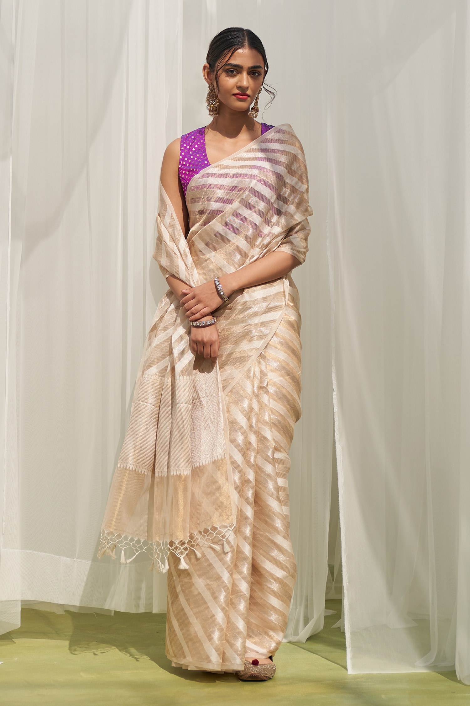 FIVE POINT FIVE Beige Kora Woven Stripe Vrishti Handloom Saree With Running Blouse For Women