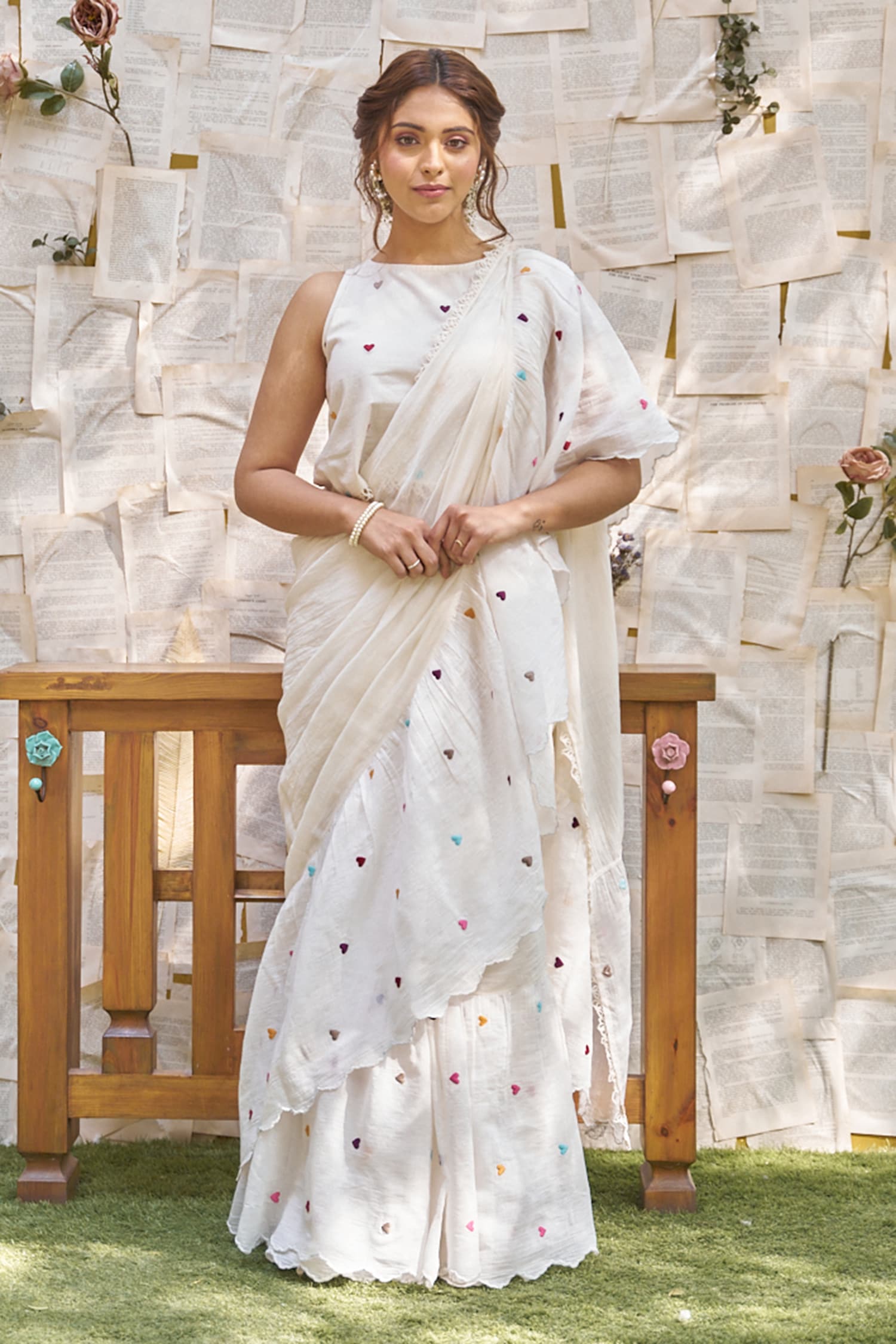Naaz By Noor White Cotton Chanderi Heart Thread Work Ruffle Saree And Blouse Set