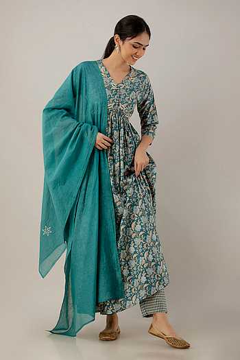 Women Blue Floral V Neck Crop Top With Anarkali Skirt