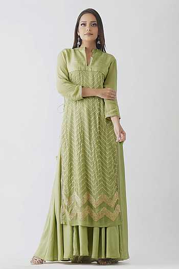 Moss Green Chevron Long Panel Kurta