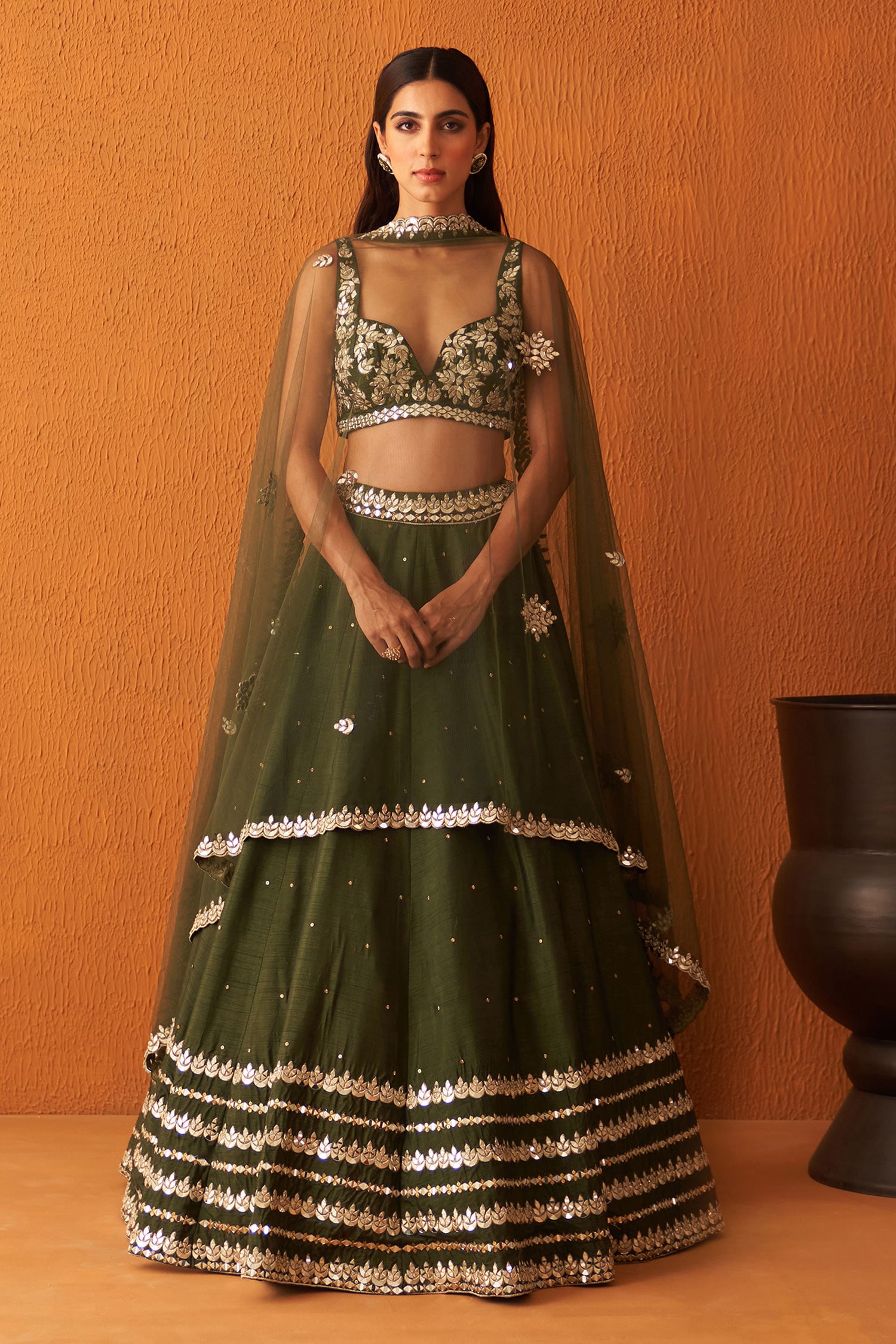 Buy Green Raw Silk Embroidered Mirror Plunge And Zari Lehenga Set For Women By Angad Singh