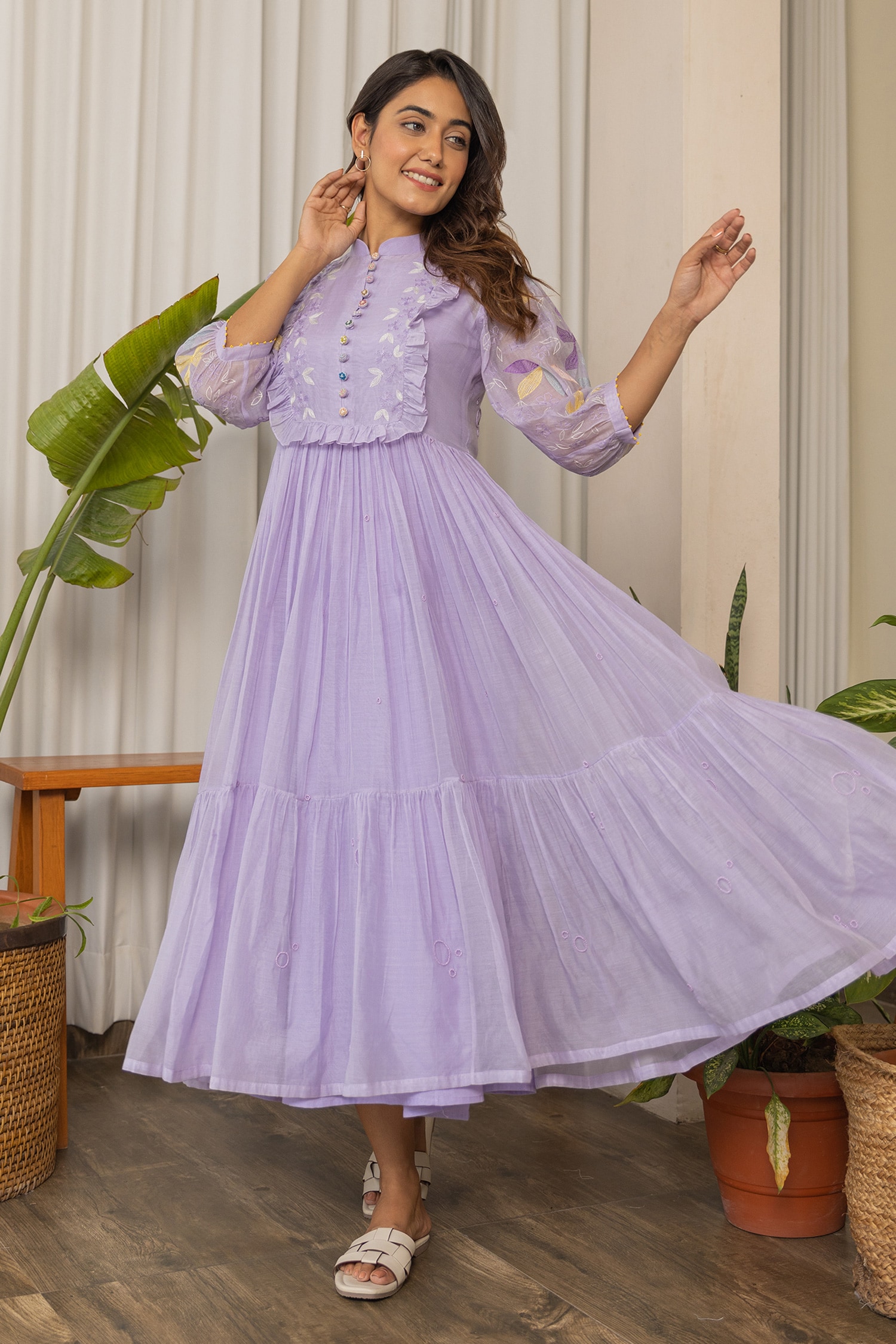 Khamaj India Purple Meadow Yoke Embroidered Dress With Inner