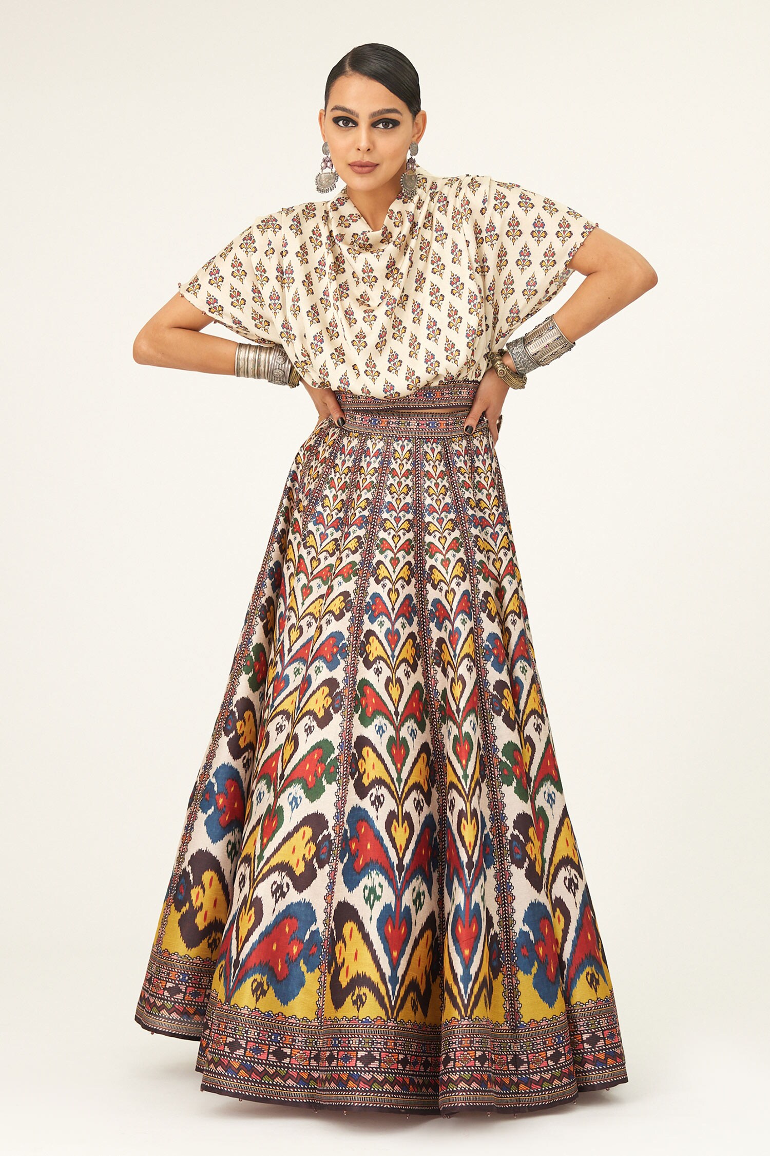 Rajdeep Ranawat Beige Satin Varsha Leela Paisley Print Skirt And Top Set