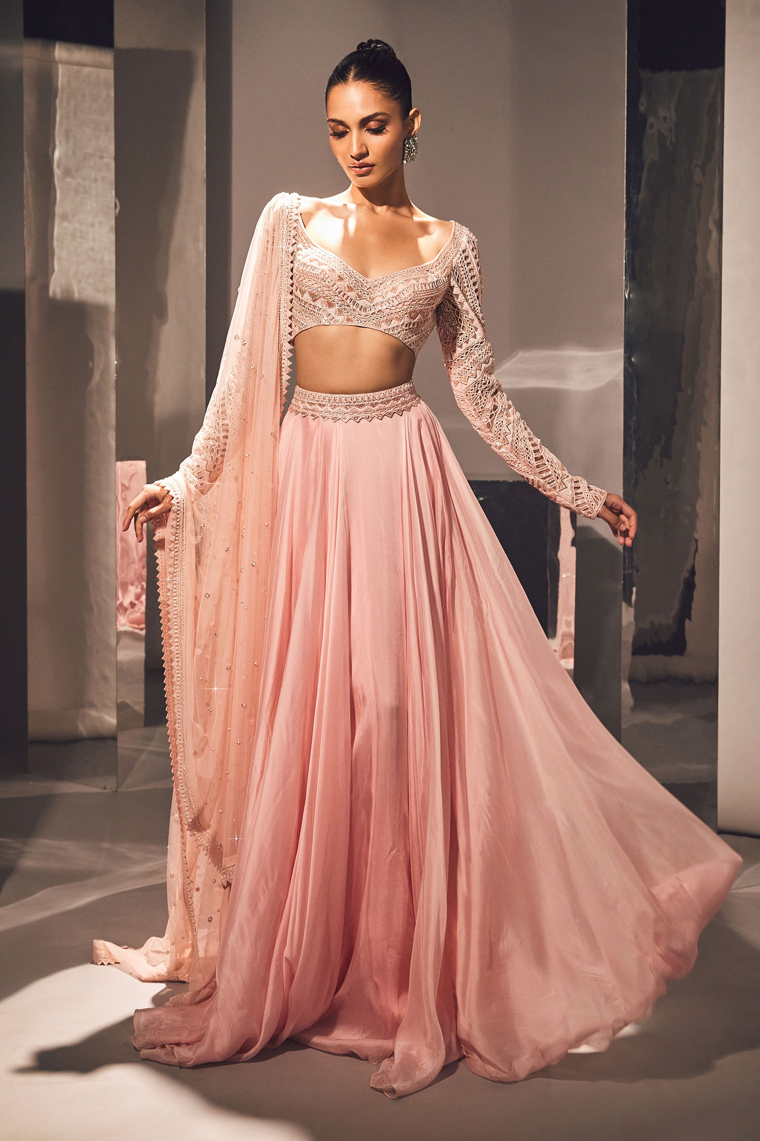 Ritika Mirchandani Pink Net Embellished Crystal V Neck Derya Geometric Blouse Skirt Set For Women
