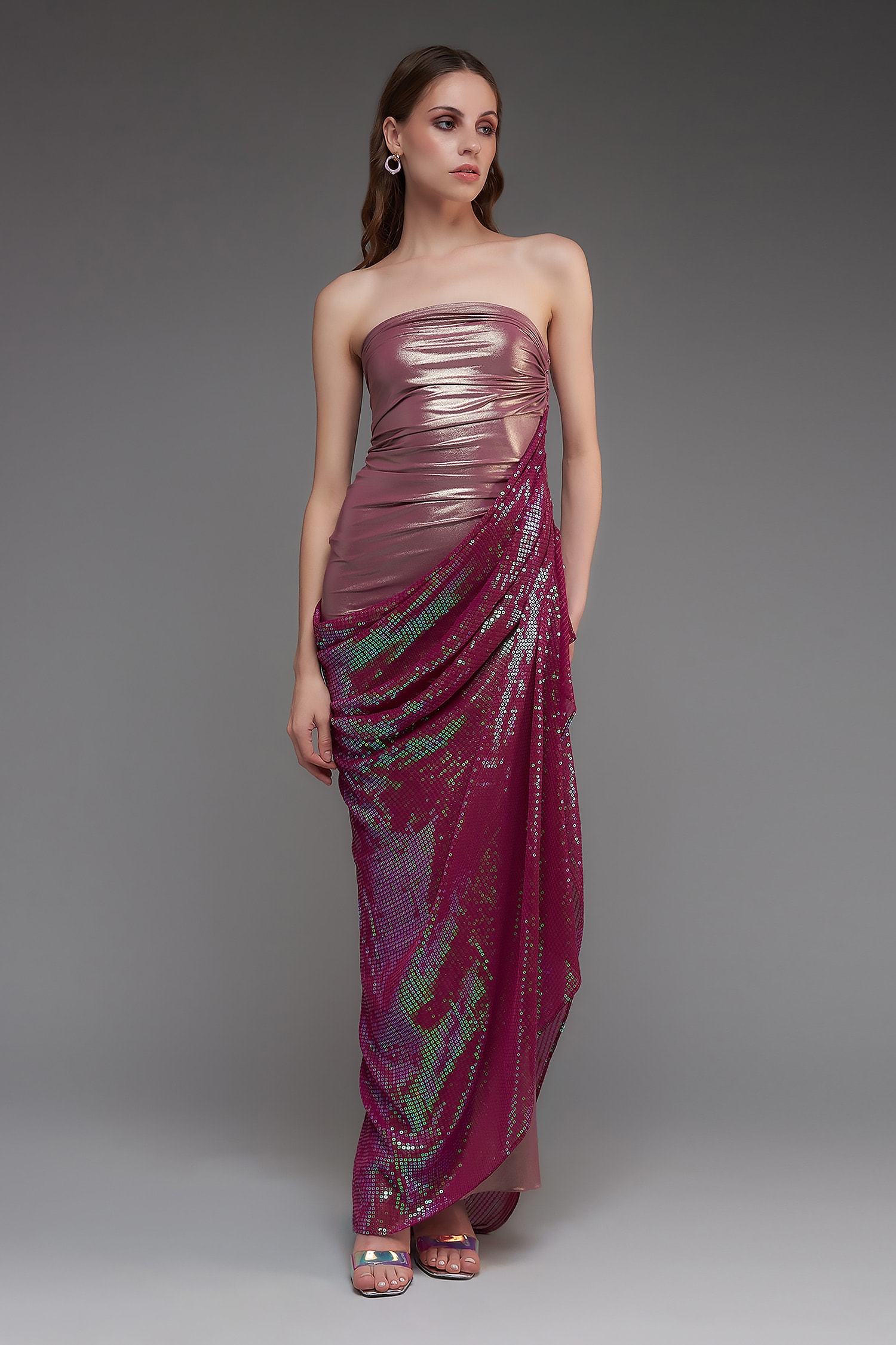 Buy Magenta Stretch Knit Foil Solid Metallic Draped Strapless Gown For ...