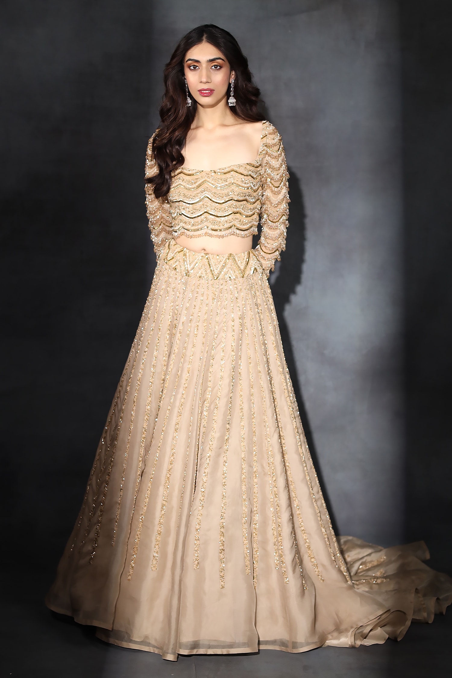 Swati Narula Gold Organza Hand Embroidered Sequins Square Neck Top And Lehenga Set For Women