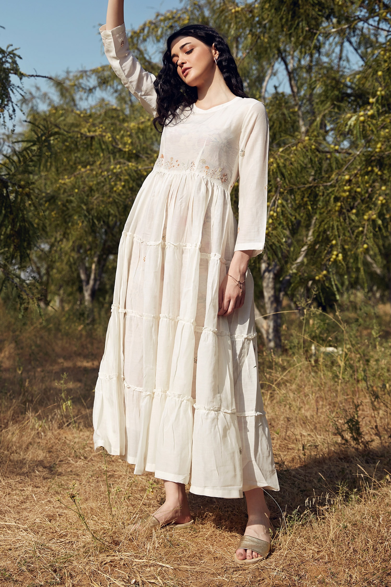 Buy Palak Khandelwal Ivory Cotton Silk Tiered Embroidered Dress Online ...
