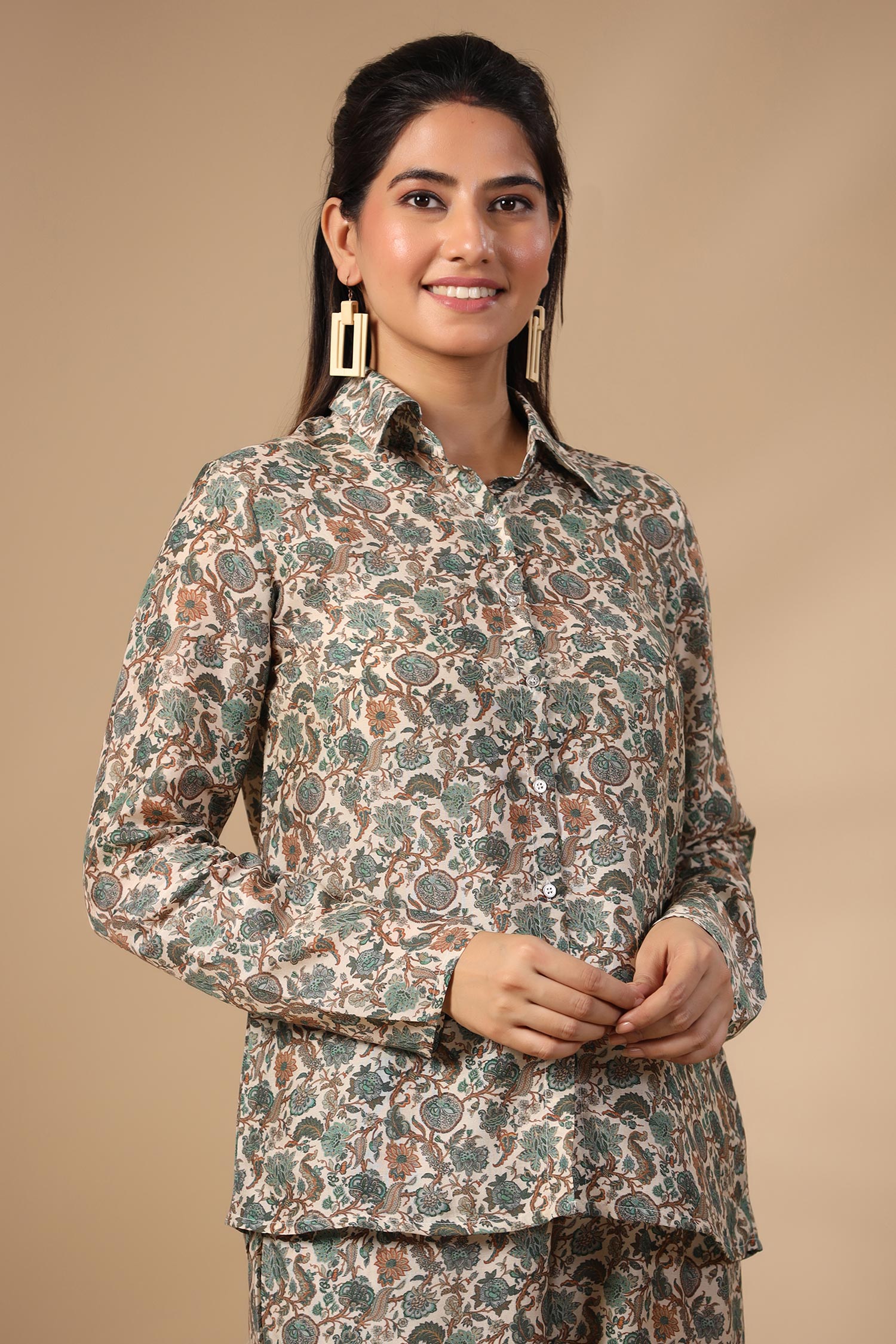 Buy Multi Color Muslin Printed Abstract Shirt Collar And Pant Set For Women  by Bairaas Online at Aza Fashions.