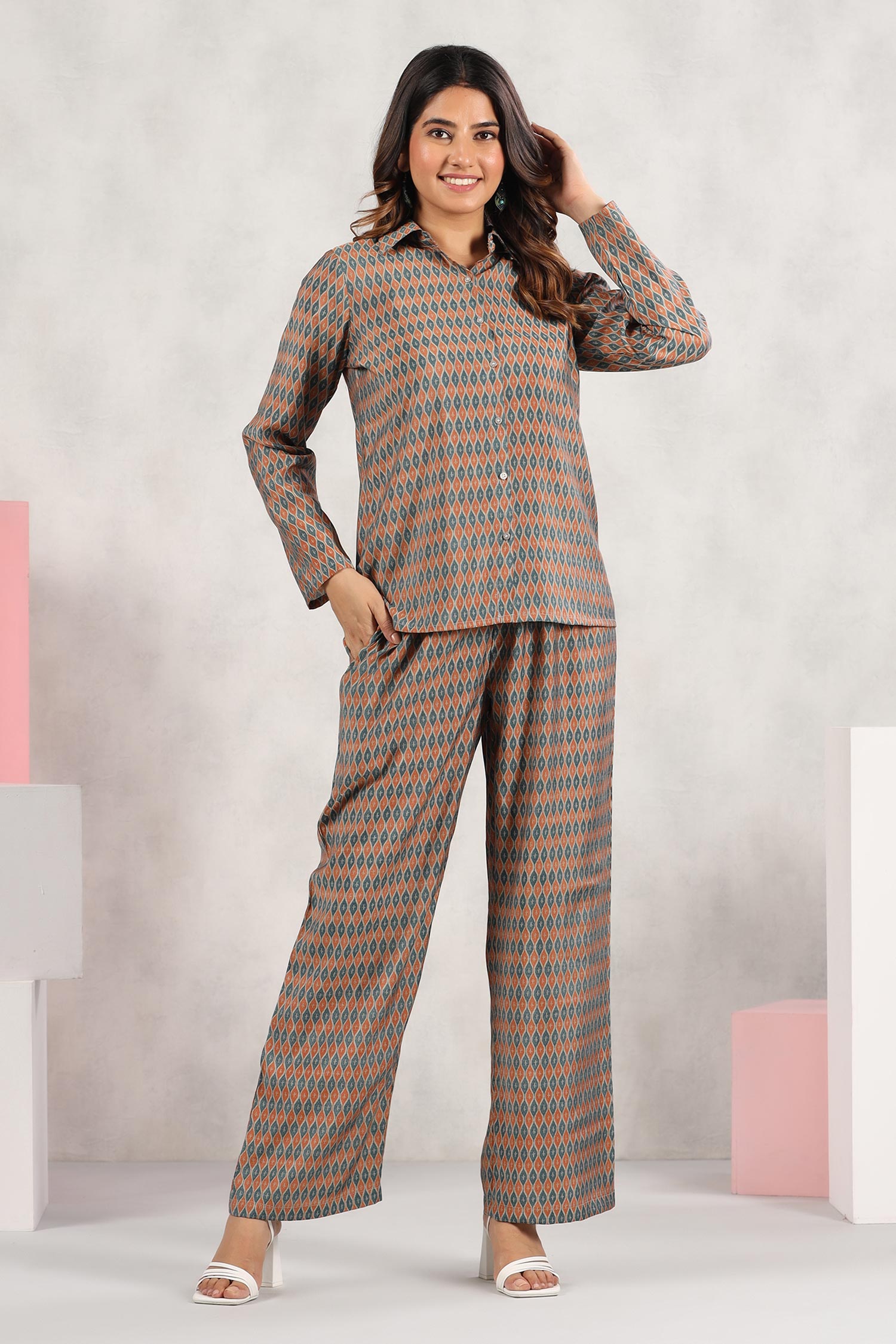 Buy Multi Color Muslin Printed Abstract Shirt Collar And Pant Set For Women  by Bairaas Online at Aza Fashions.