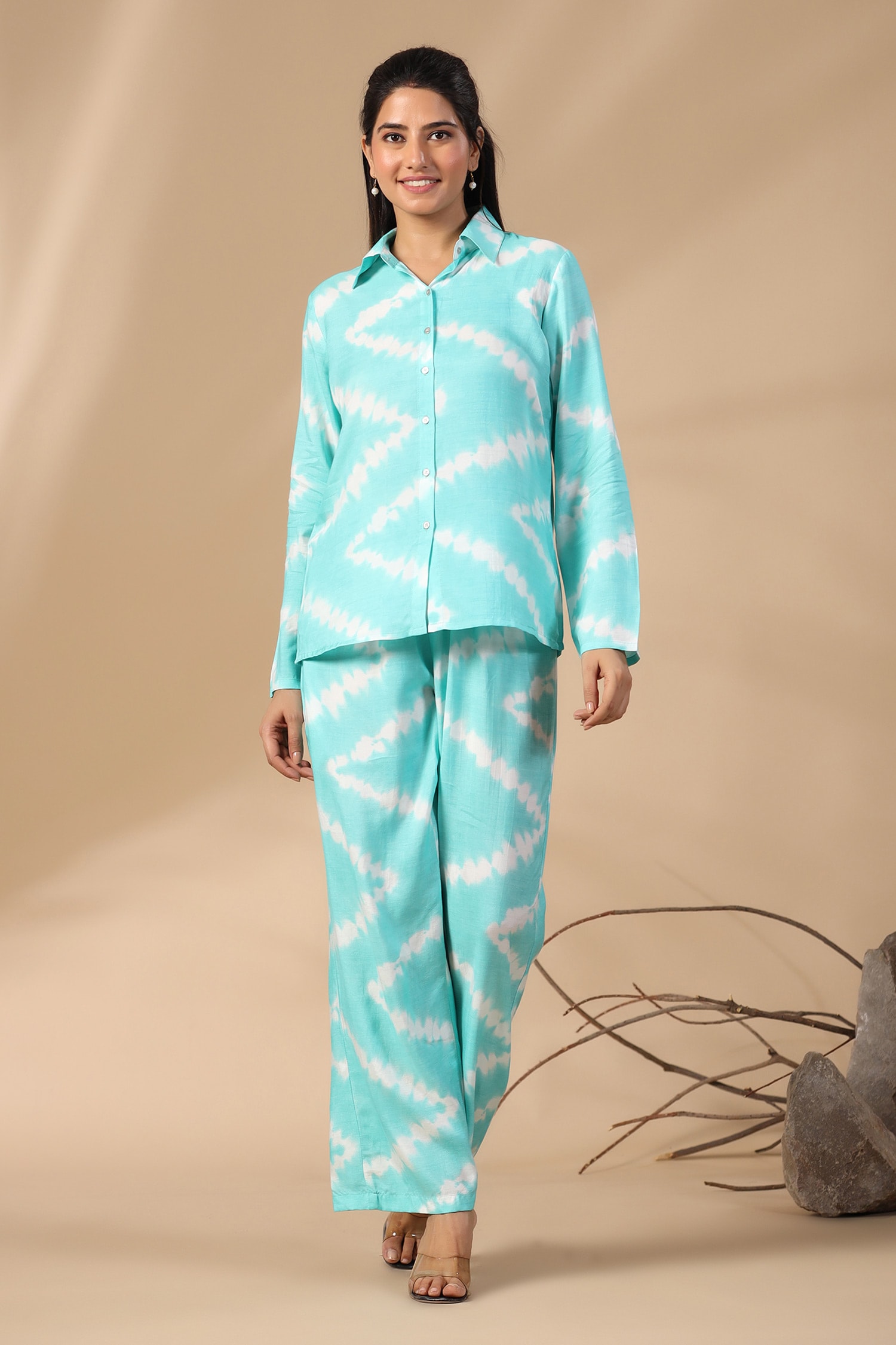 Buy Blue Muslin Printed Stripe Shirt Collar Pattern And Pant Set