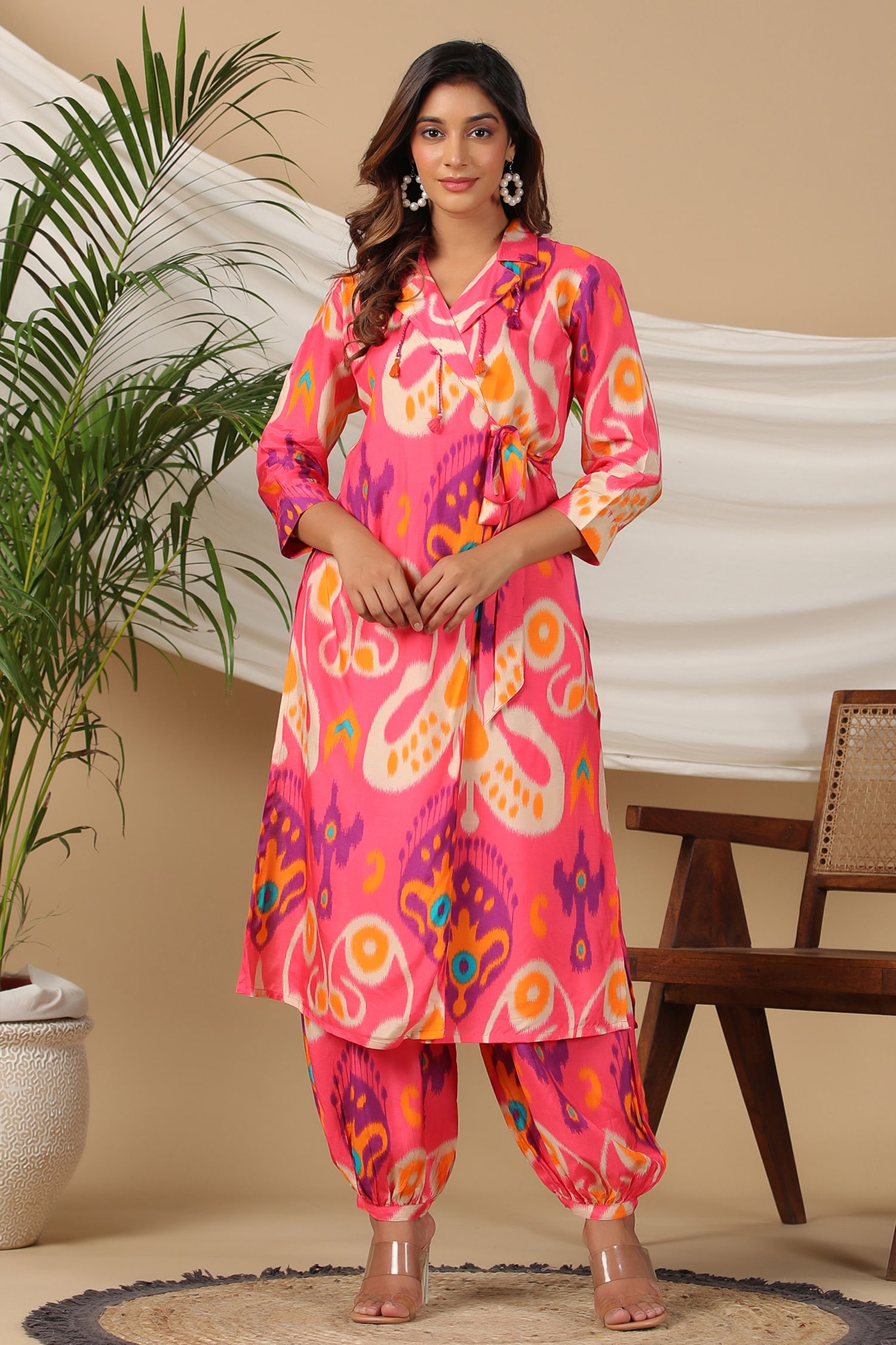 Buy Silk Abstract Print Overlap Dress & Pant Set by Bairaas at Aza Fashions