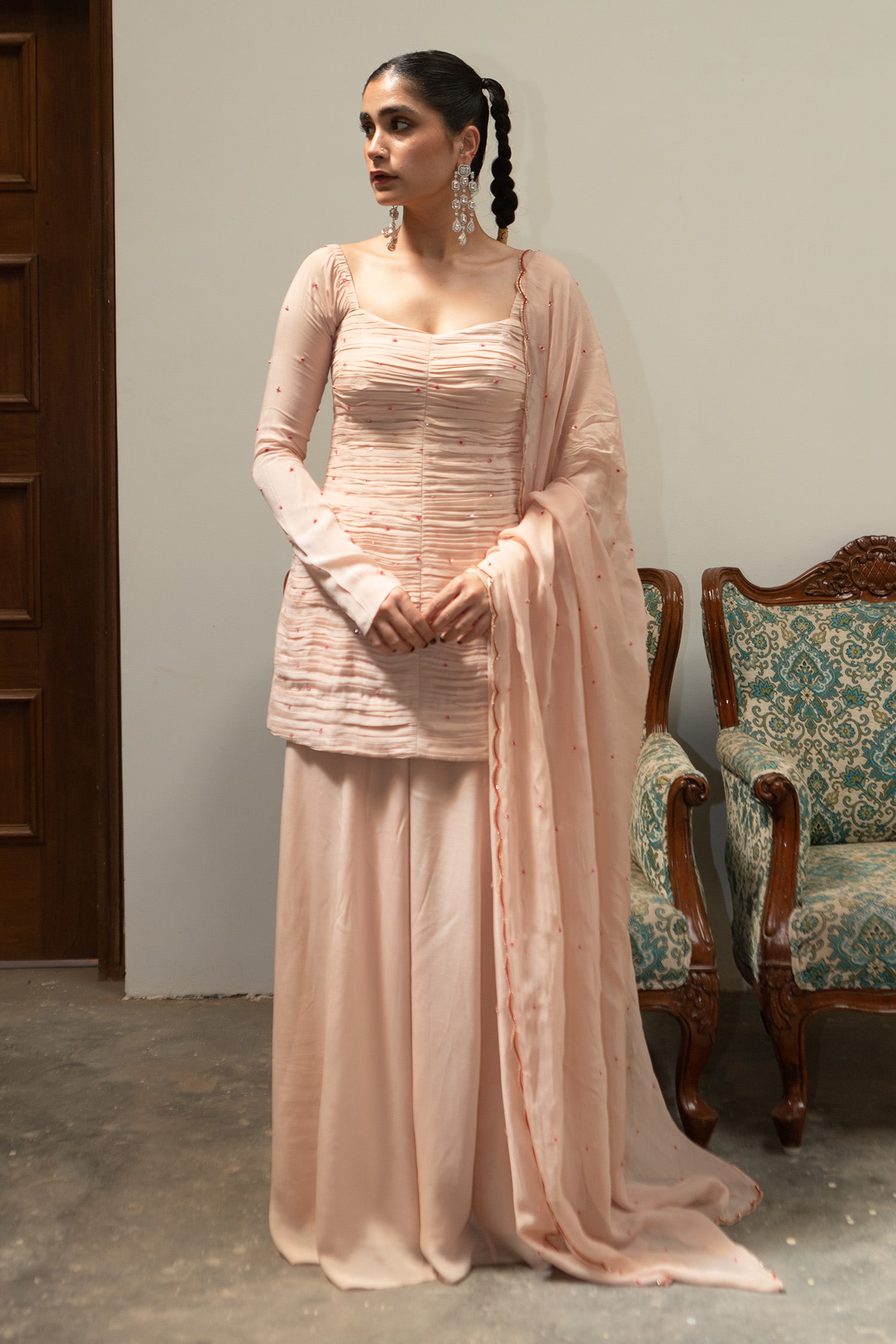 Buy Pink Kurta And Sharara Pure Crepe Embroidery Tikki Poth Ruche Set For Women By Ease Online