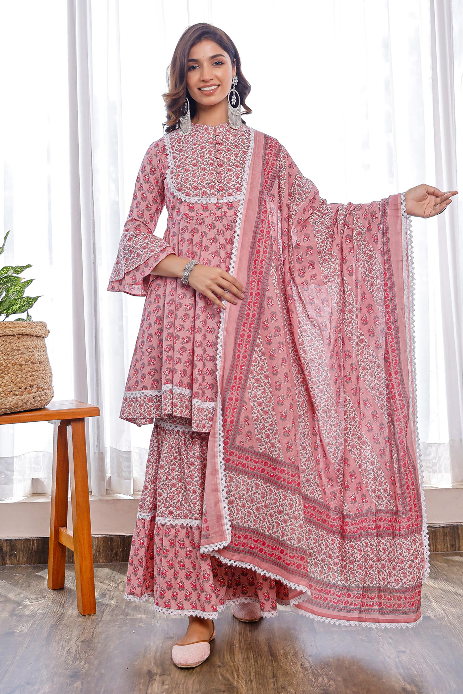 Pheeta Pink Cotton Print Floral Motif Stand Collar Flower Kurta Sharara Set For Women