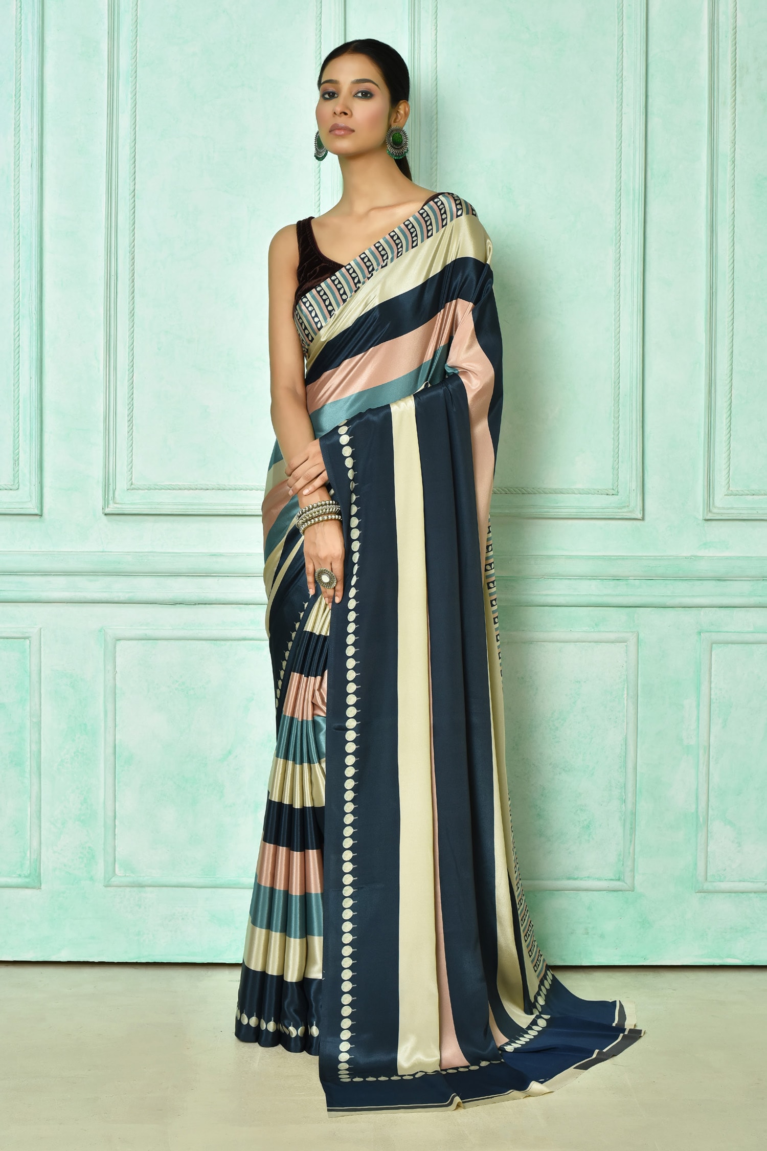 Nazaakat by Samara Singh Multi Color Crepe Print Stripe Saree With Running Blouse For Women