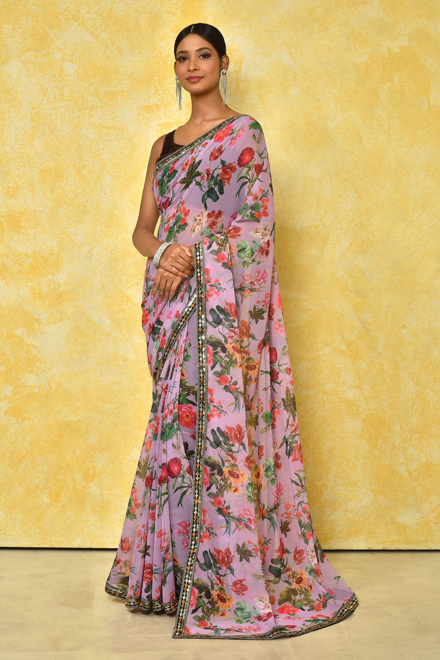 Arihant Rai Sinha Purple Georgette Floral Garden Pattern Saree With Running Blouse For Women