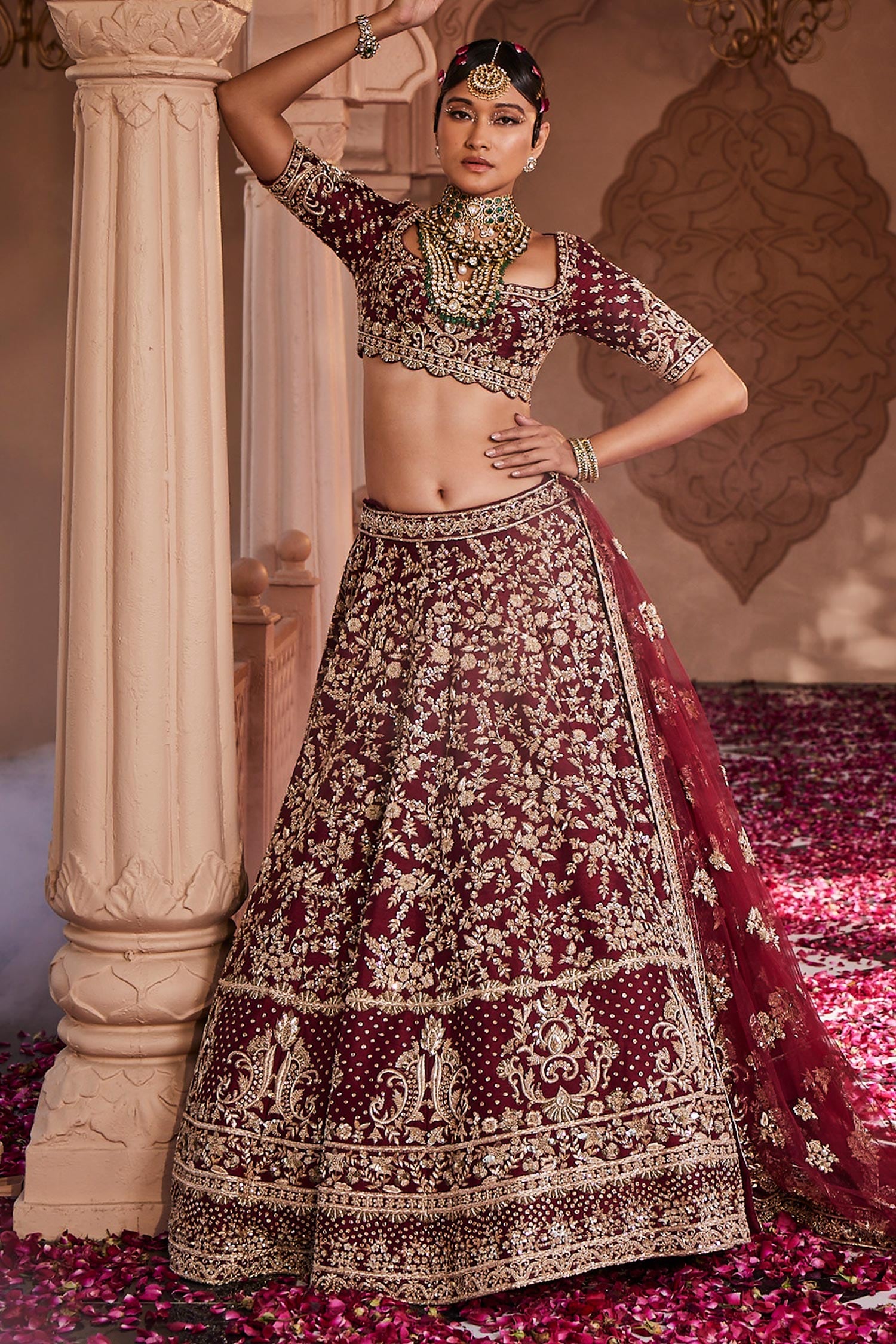 Buy Maroon Raw Silk Hand Embroidered Resham And Nairobi Bridal Lehenga Set  For Women by Kalighata Online at Aza Fashions.