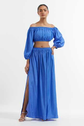 Buy Blue Silk Solid One Shoulder Off Crop Top For Women by TIC Online ...