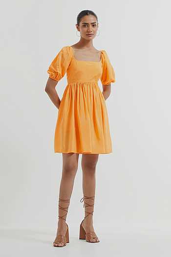 Buy TIC Orange Silk Fit And Flare Short Dress Online | Aza Fashions