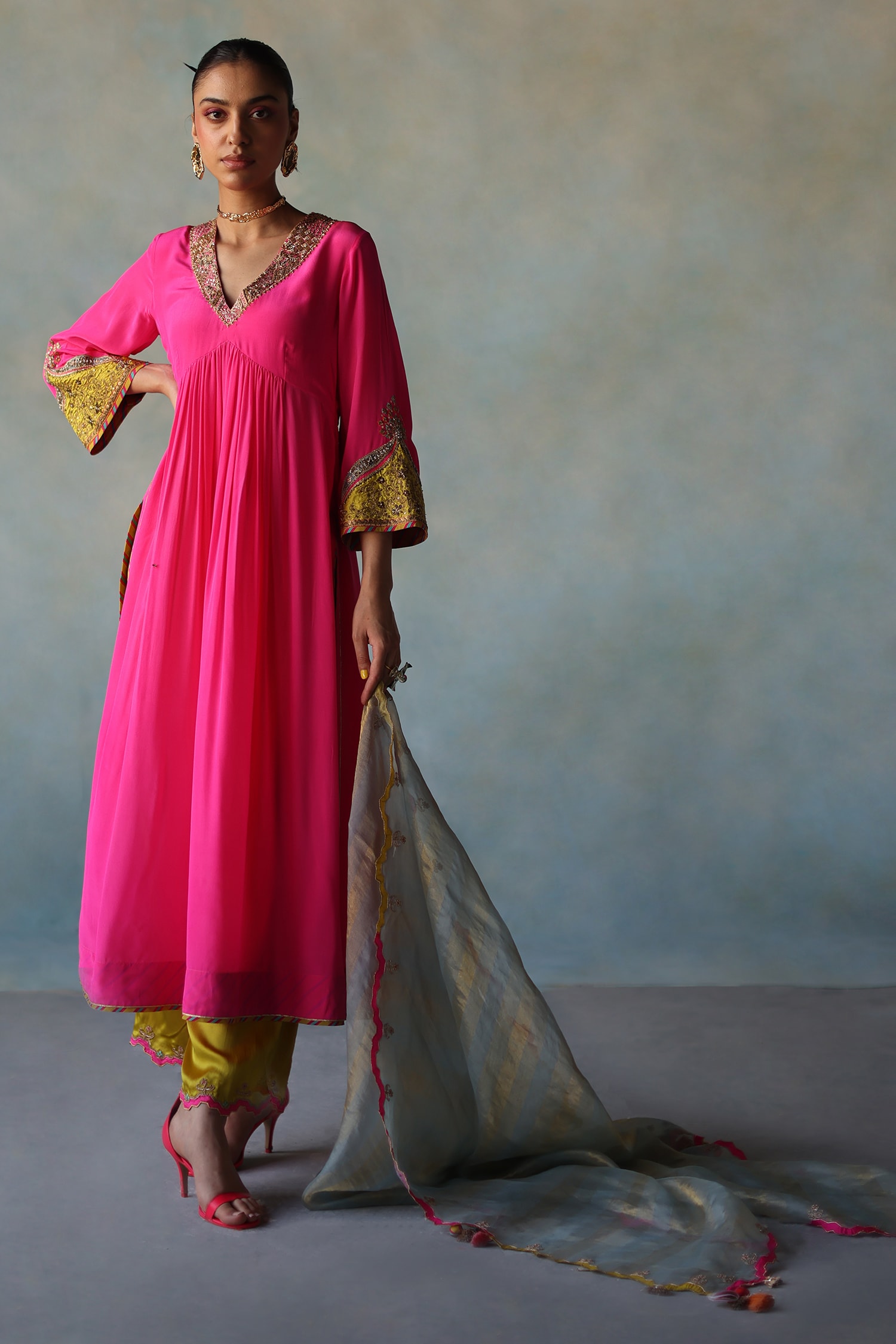 Buy Rajiramniq Pink Crepe Placement Hand Embroidered Anarkali Set ...