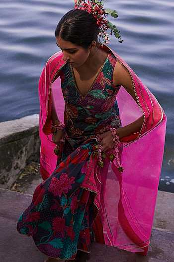 Babyhug Cotton Woven Three Fourth Sleeves Kurta & Gharara Set & Dupatta with Floral Print & Lace Detailing - Yellow & Pink
