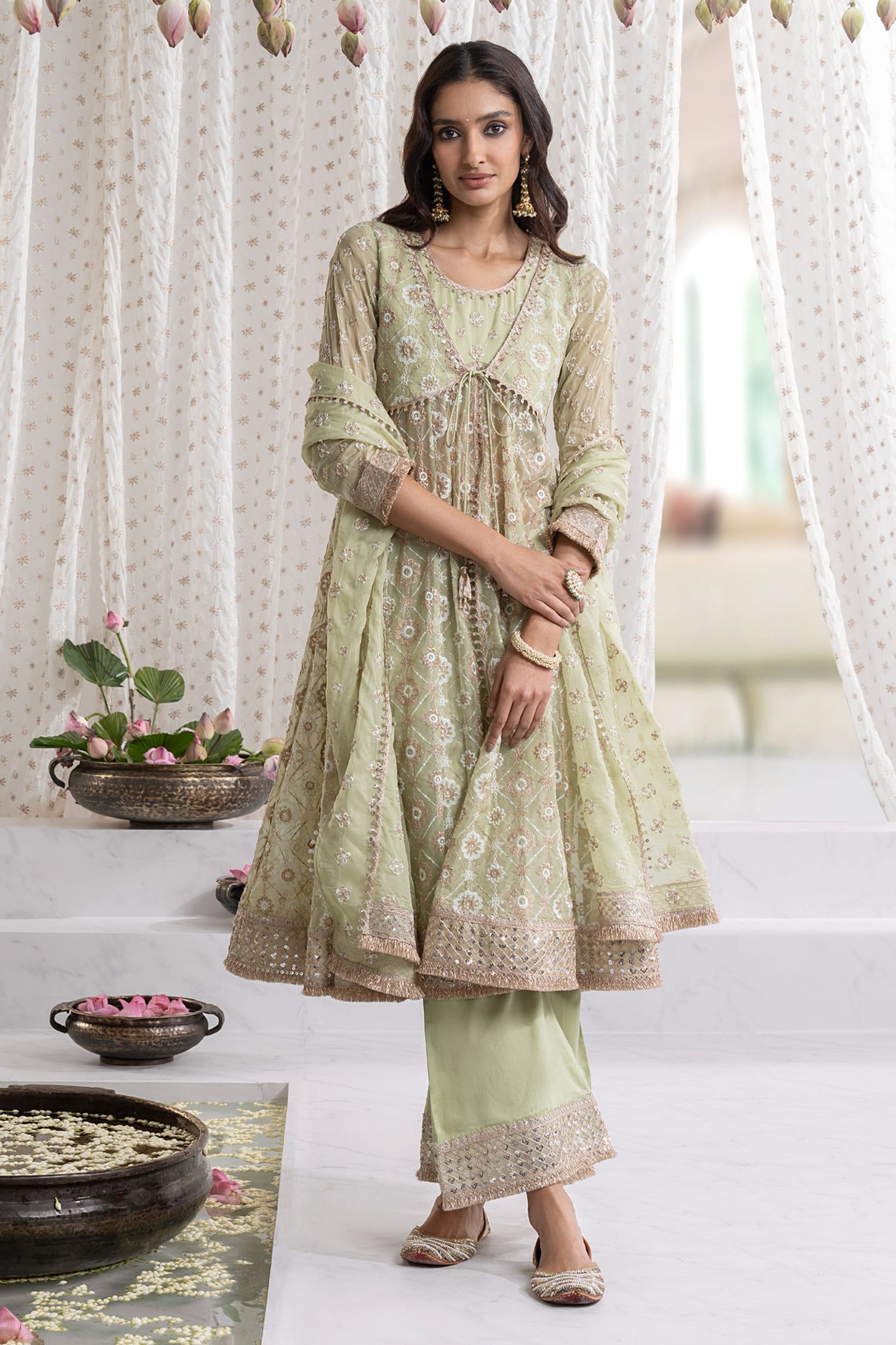 Buy Mulmul Green Pure Mulmul Ghoomar Jacket Attached Floral Embroidered