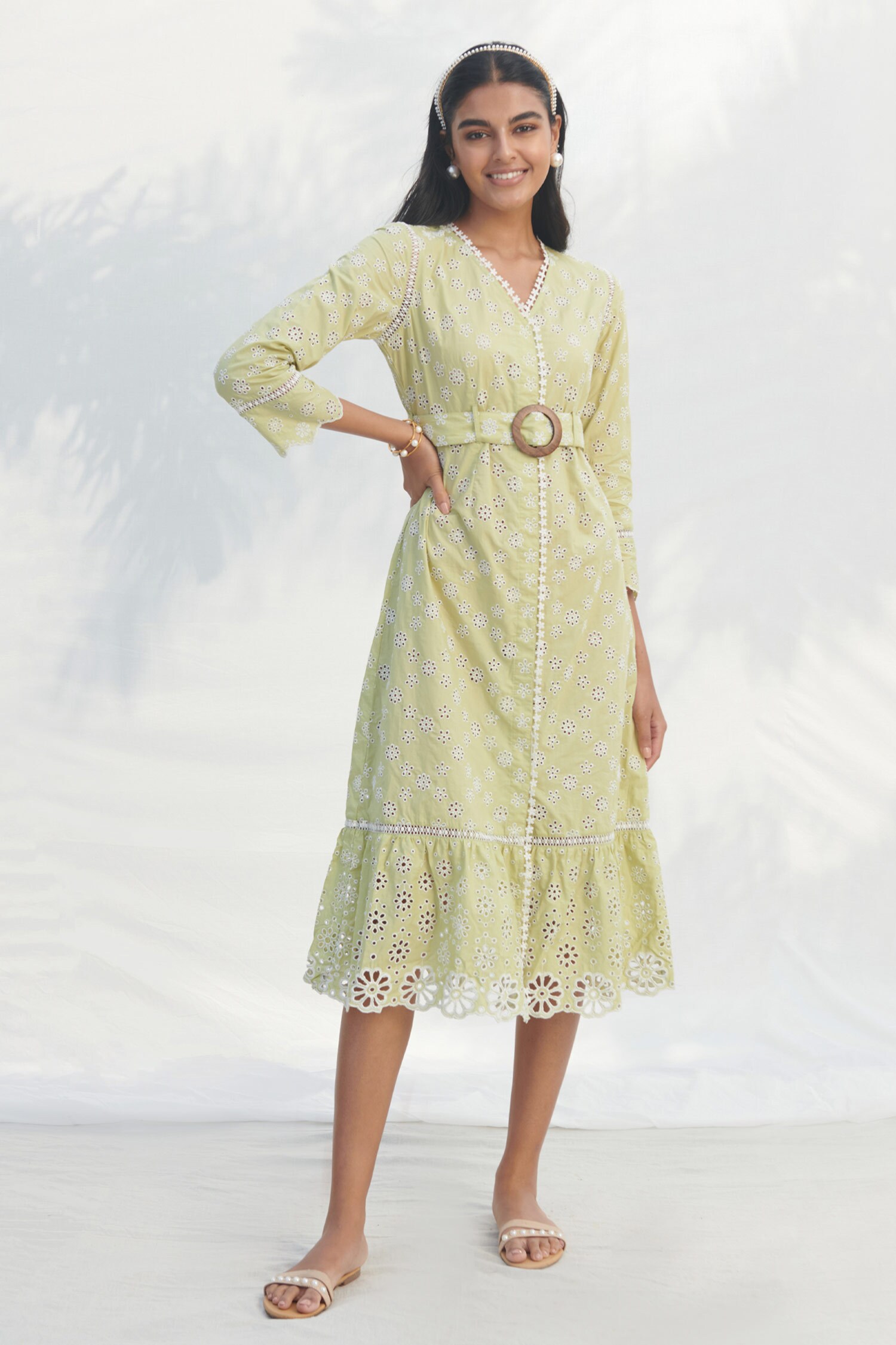 Buy Mulmul Green Pure Mulmul Lillian Floral Embroidered Dress Online