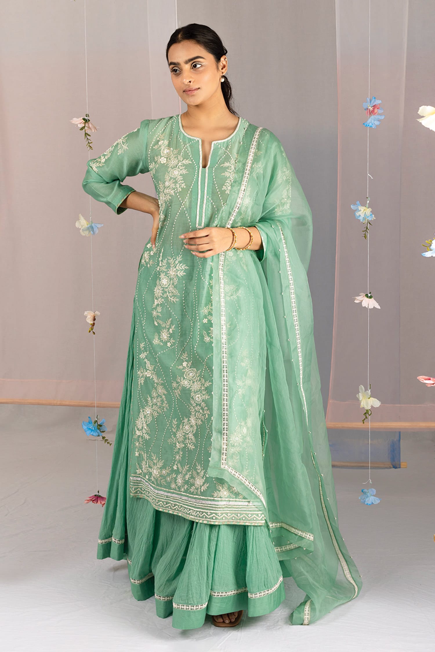 Buy Green Chanderi Embroidery Pearl Notched Kurta Set For Women By Kyra 