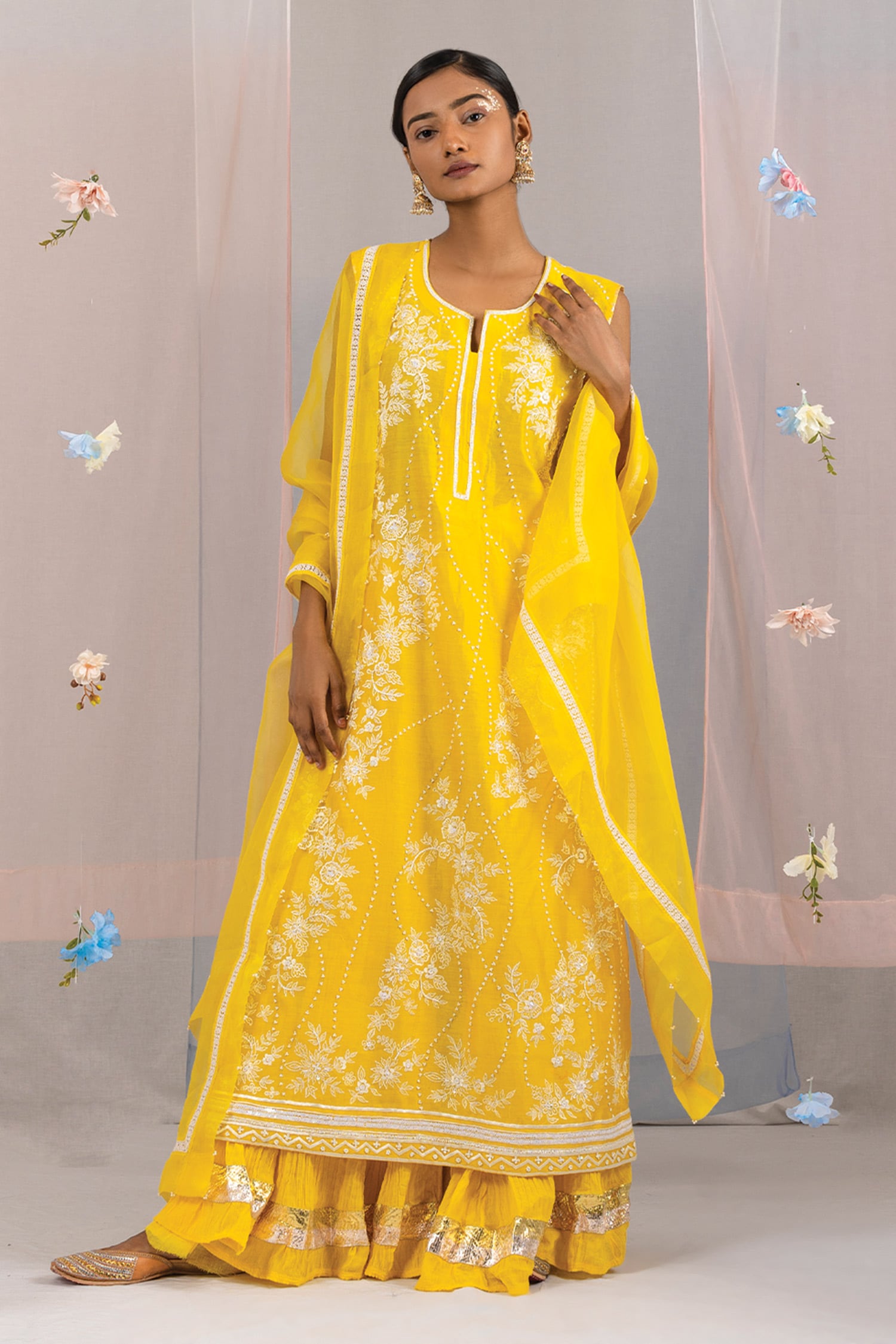 Buy Yellow Chanderi Embroidery Pearl Notched Thread Kurta Sharara Set ...