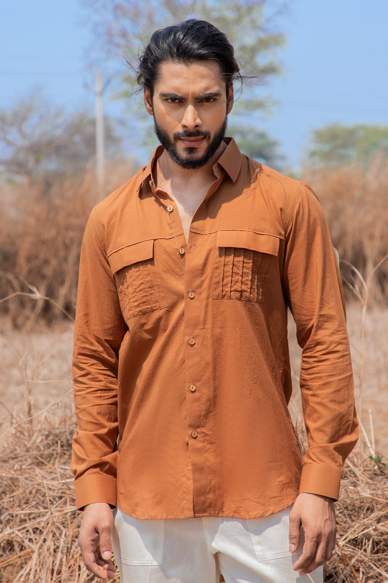 Buy Brown Enzyme Washed Cotton Patch Pocket Detailed Shirt For Men by