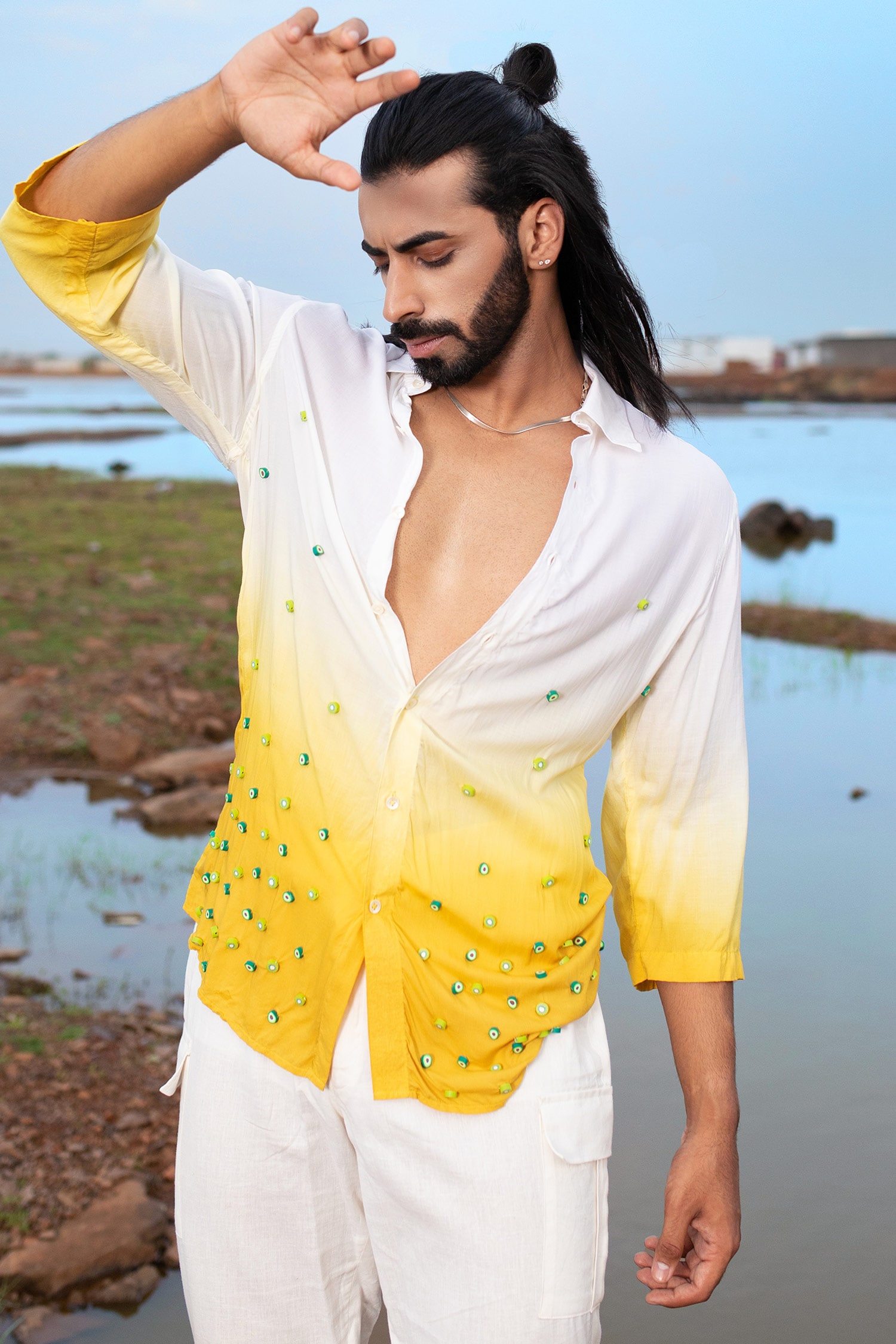 Runit Gupta White Tencel Bead Embroidered Ombre Shirt