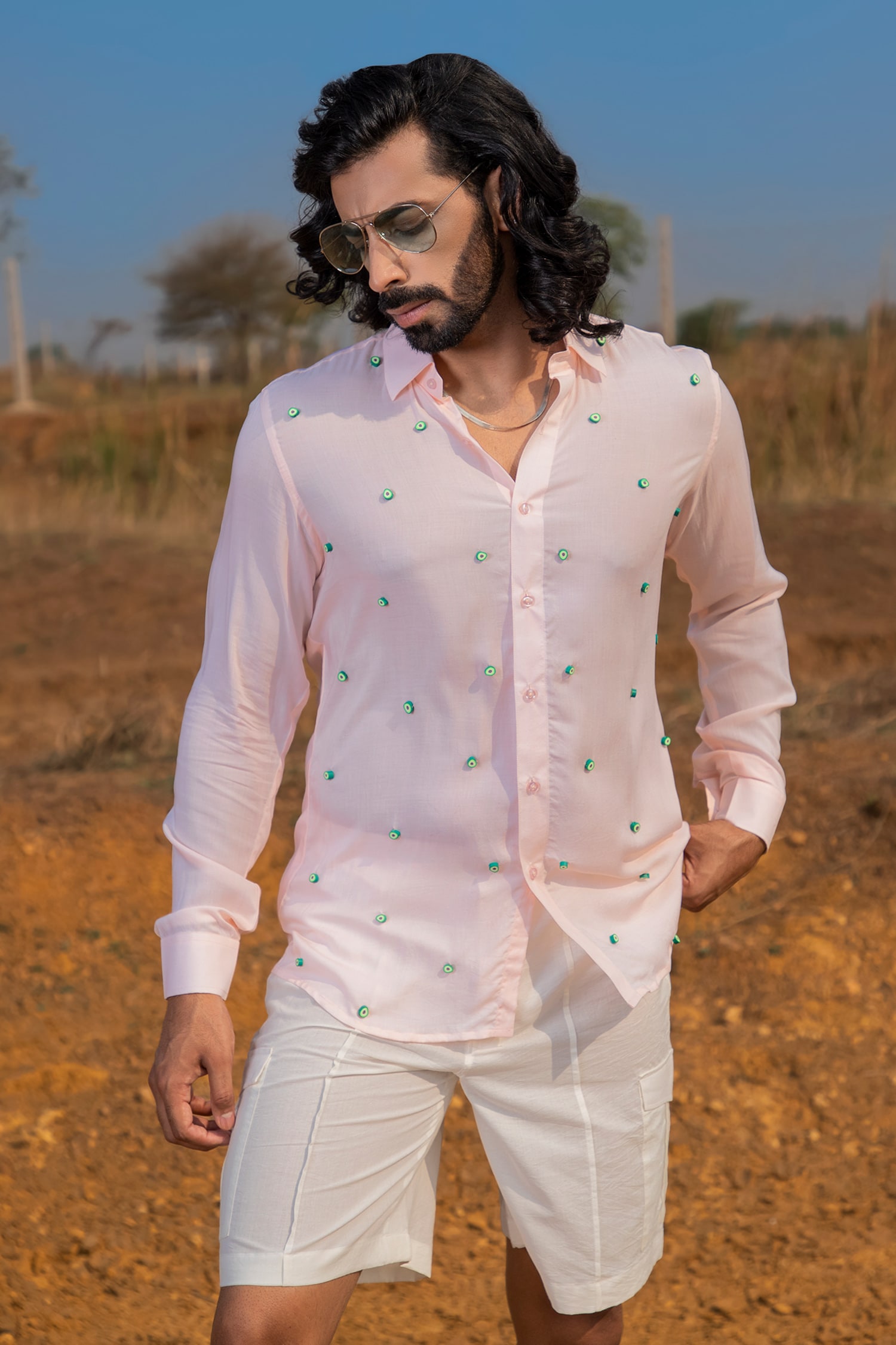 Buy Pink Cotton Linen Hand Embroidered Thread Work Cacti Bead Shirt For Men  by Runit Gupta Online at Aza Fashions.