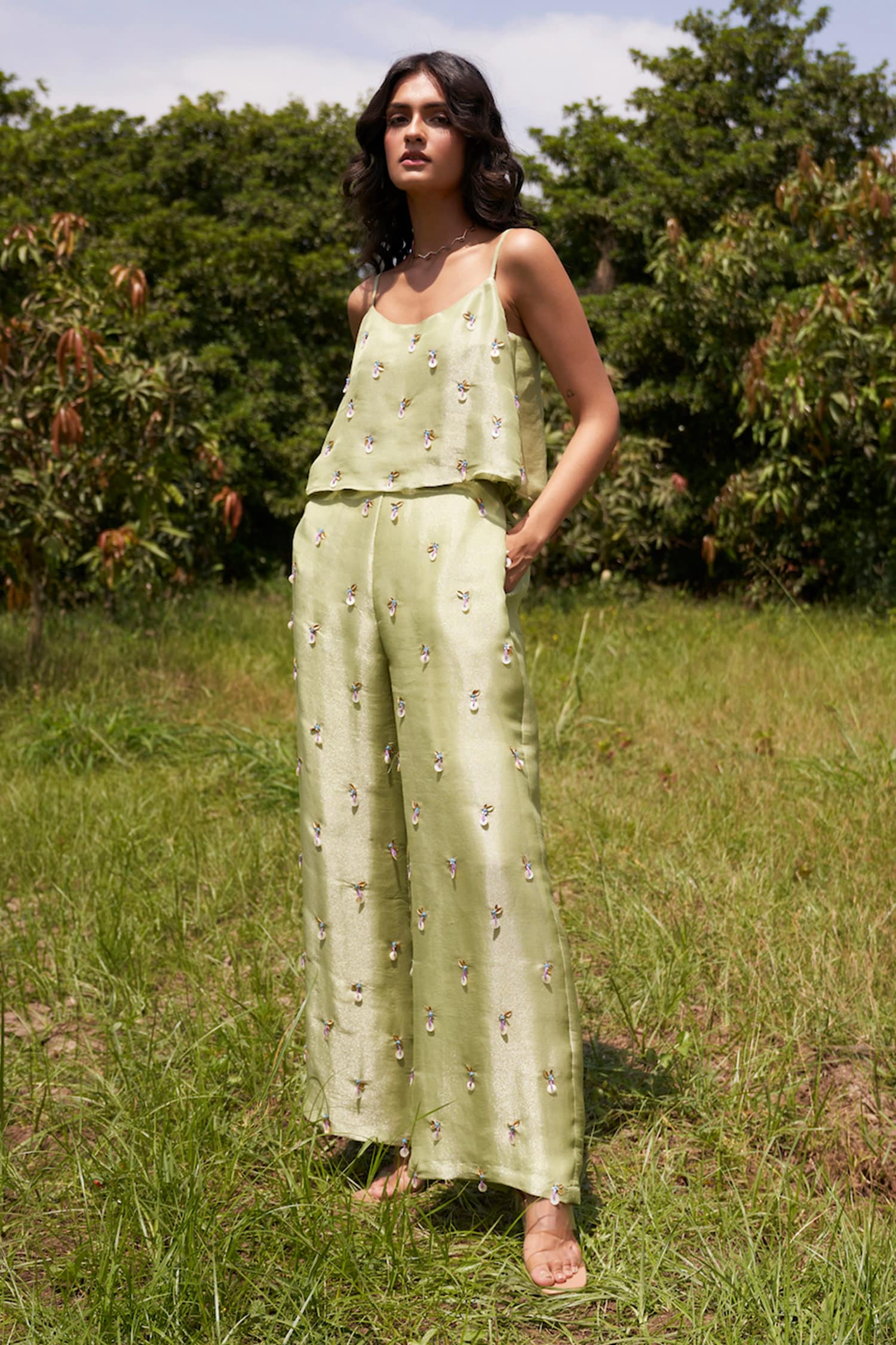 Attic Salt Trousers and Pants  Buy Attic Salt Green Sequins Glittering  Tulle High Rise Pants Online  Nykaa Fashion