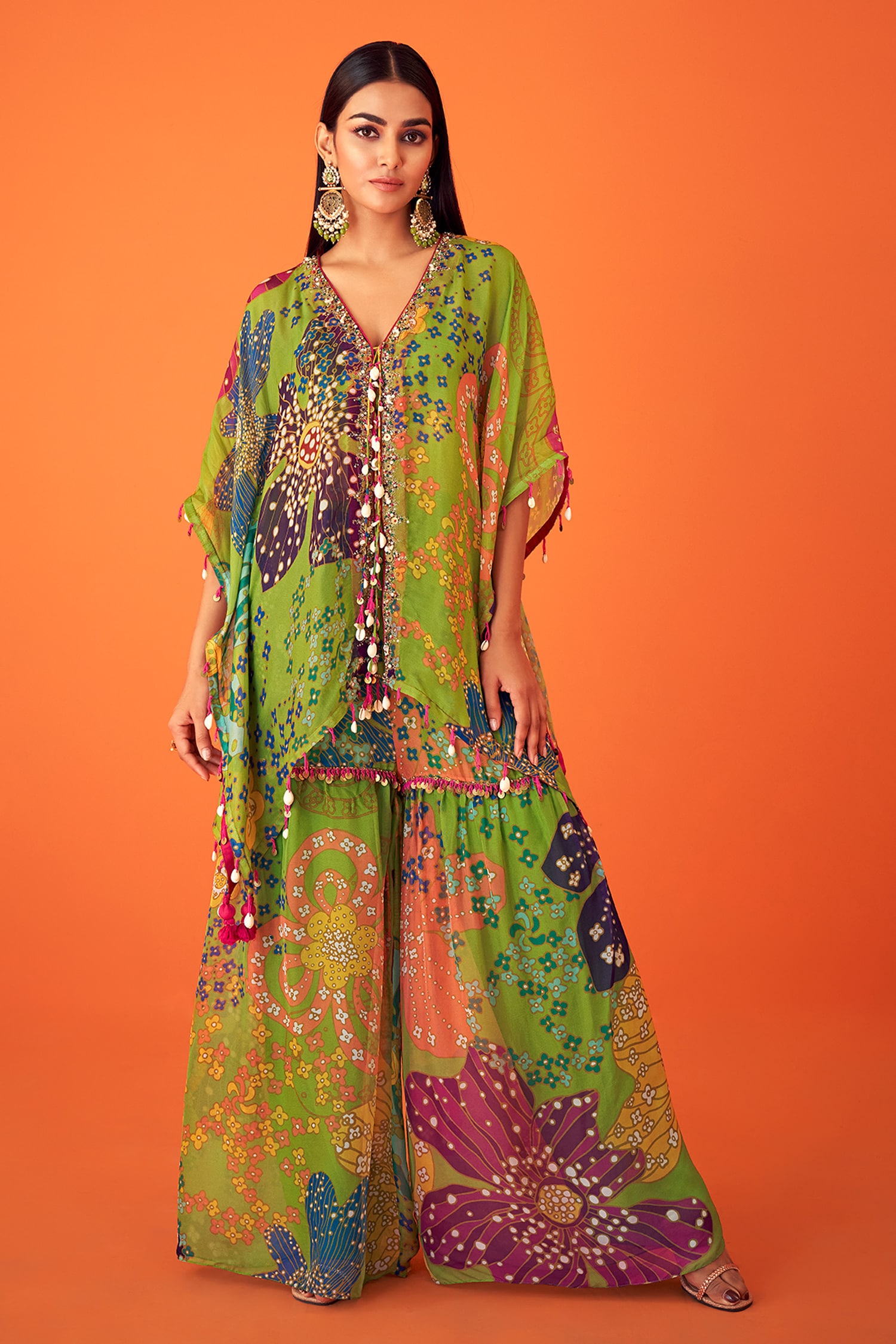 Buy Taavare Green Organza Flower Print Flared Kaftan Sharara Set Online ...