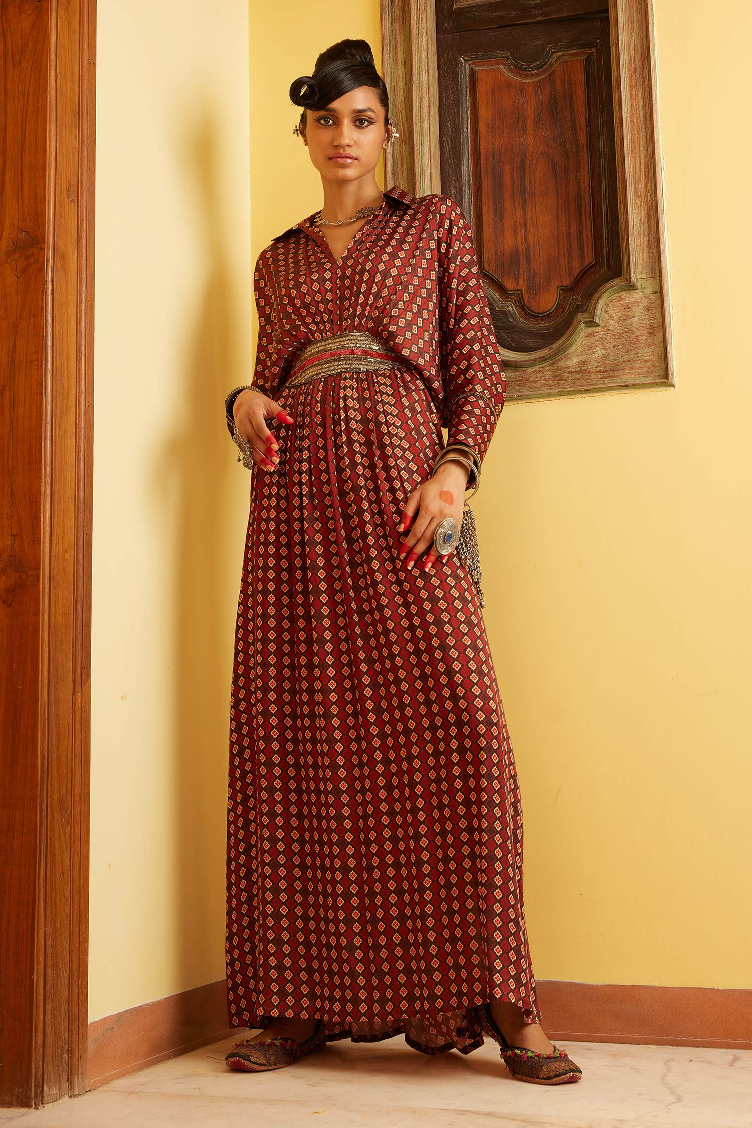 Buy Brown Satin Printed Geometric Shirt Collar Gown For Women by Nadima