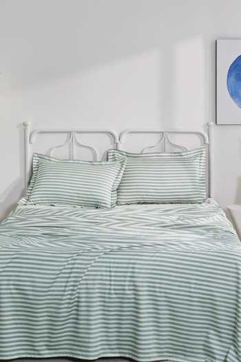 Buy Green Cotton Stripe Print Bedsheet Set by Houmn Online at Aza Fashions.
