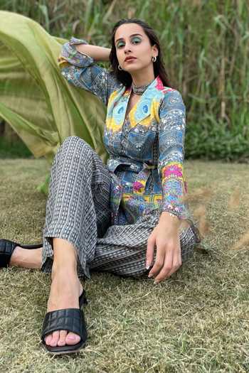 Women's Multi Color Silk Crepe Top & Belt French Moss Pant Co-Ord Sets - BlackBeads main image 0