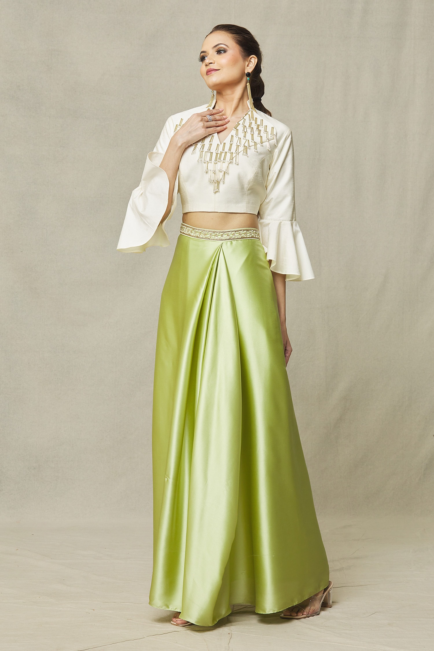 Buy Nayaab by Aleezeh Off White Pipe Embellished Top And Skirt Set ...
