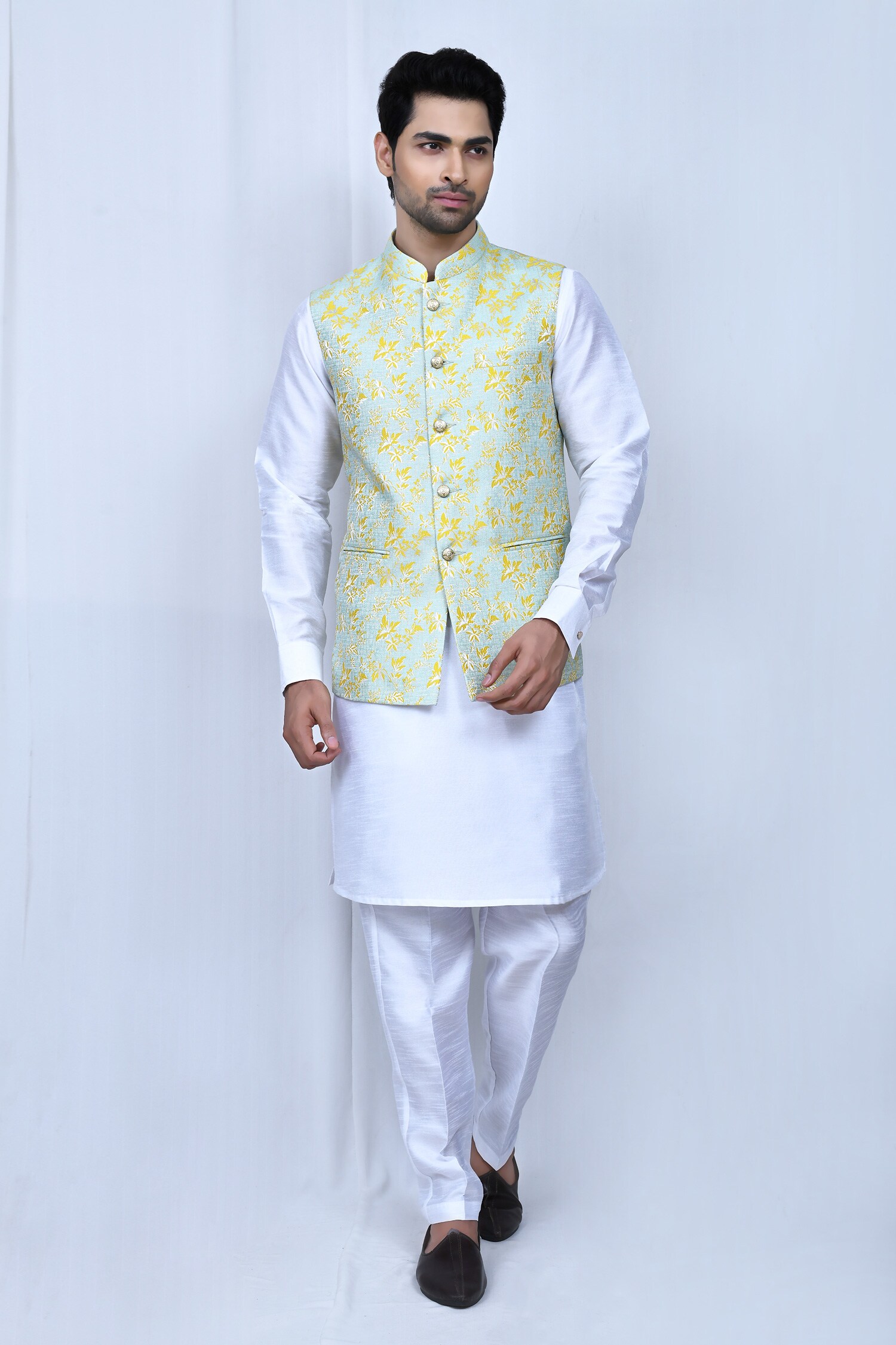 Buy Blue Art Silk Printed Floral Flower Bundi And Kurta Set For Men By Adara Khan Online At Aza