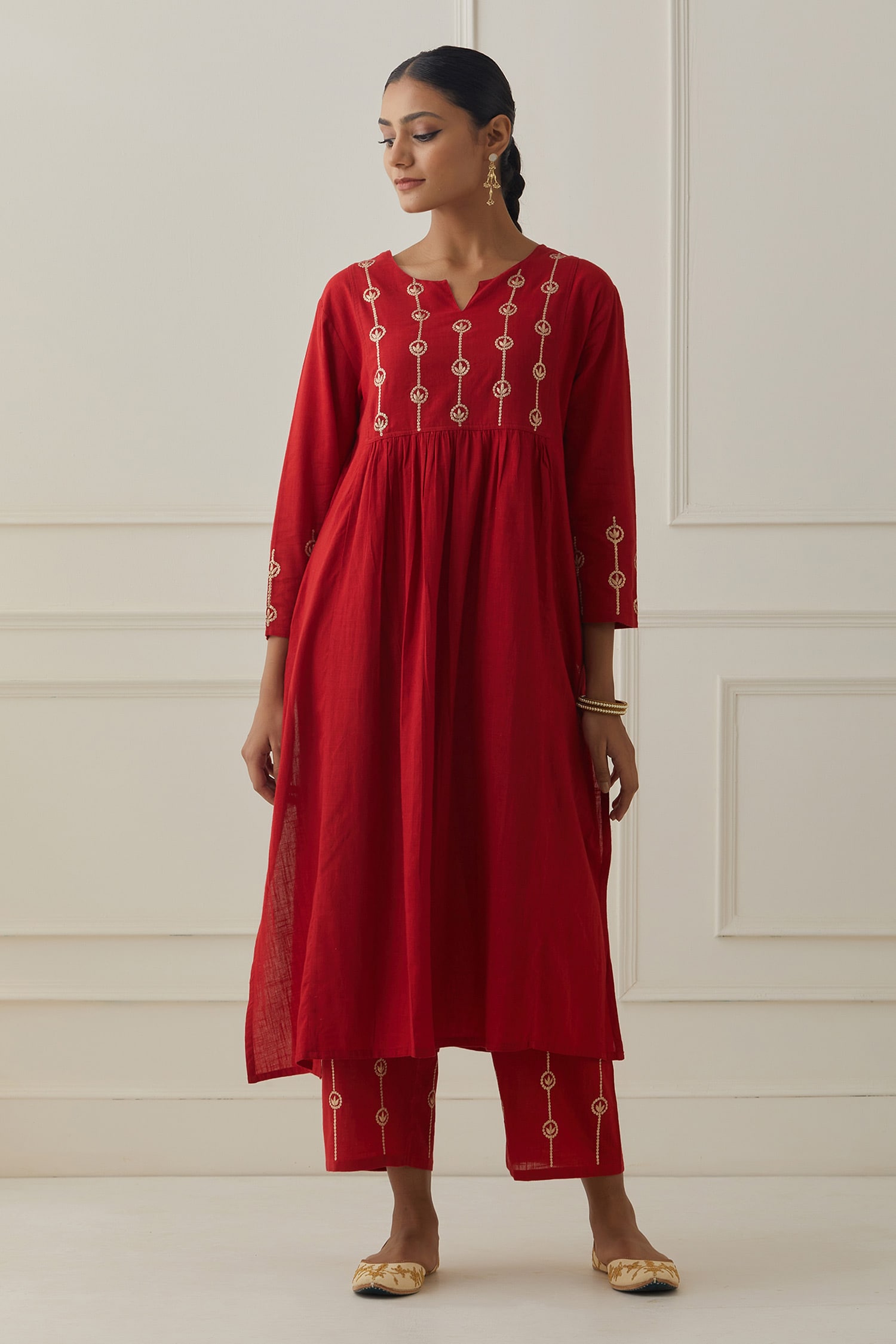 Buy Red Cotton Slub Hand Embroidered Pittan Yoke And Sleeve Kurta Set