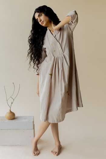Beige Handloom Cotton A-Line Taana Baana Workwear Dress main image 1