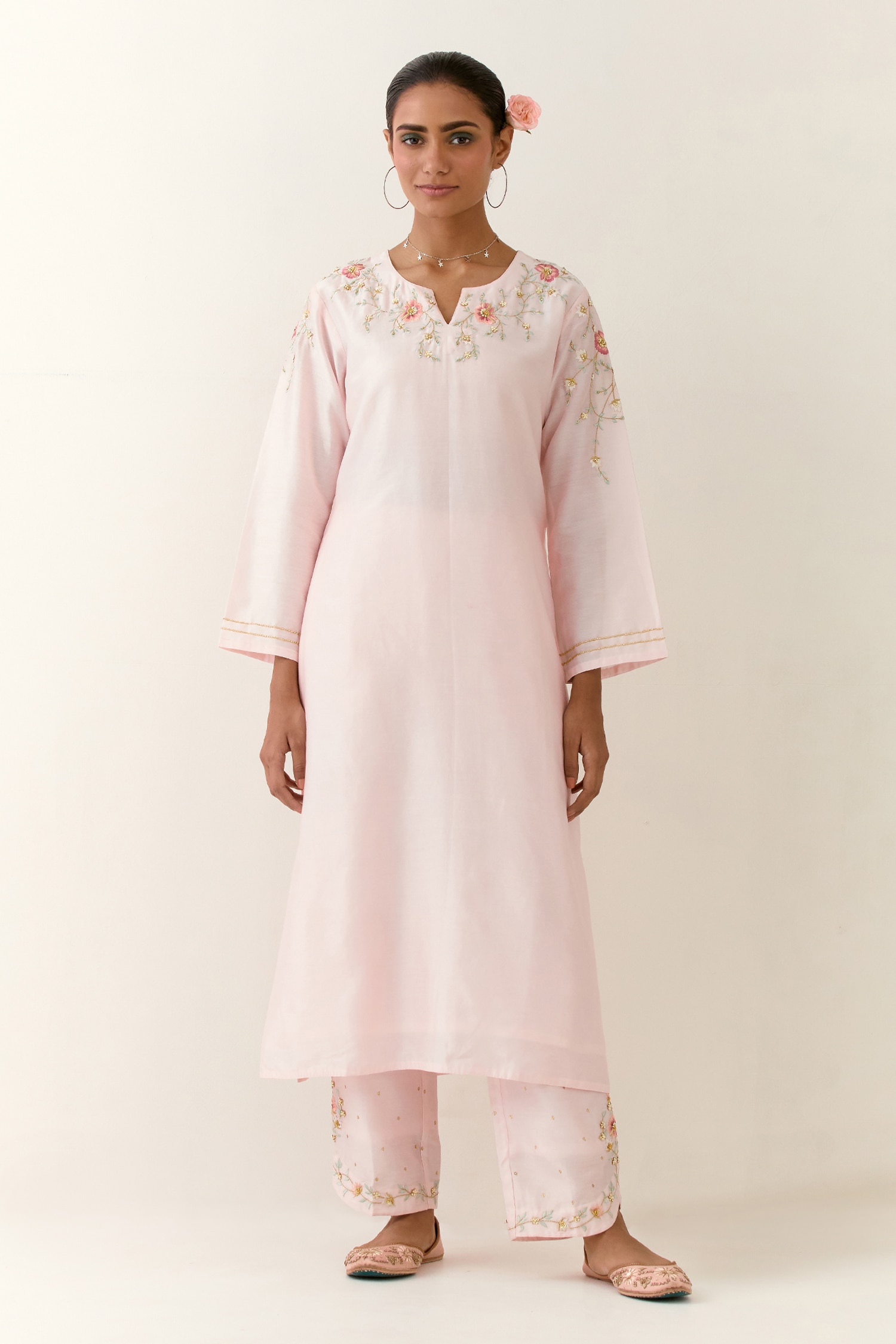 Anantaa by Roohi Pink Silk Chanderi Embroidered Floral Notched Kurta And Palazzo Set For Women