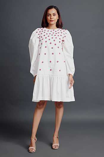 Buy Deepika Arora White Cotton Short Backless Embroidered Dress Online ...