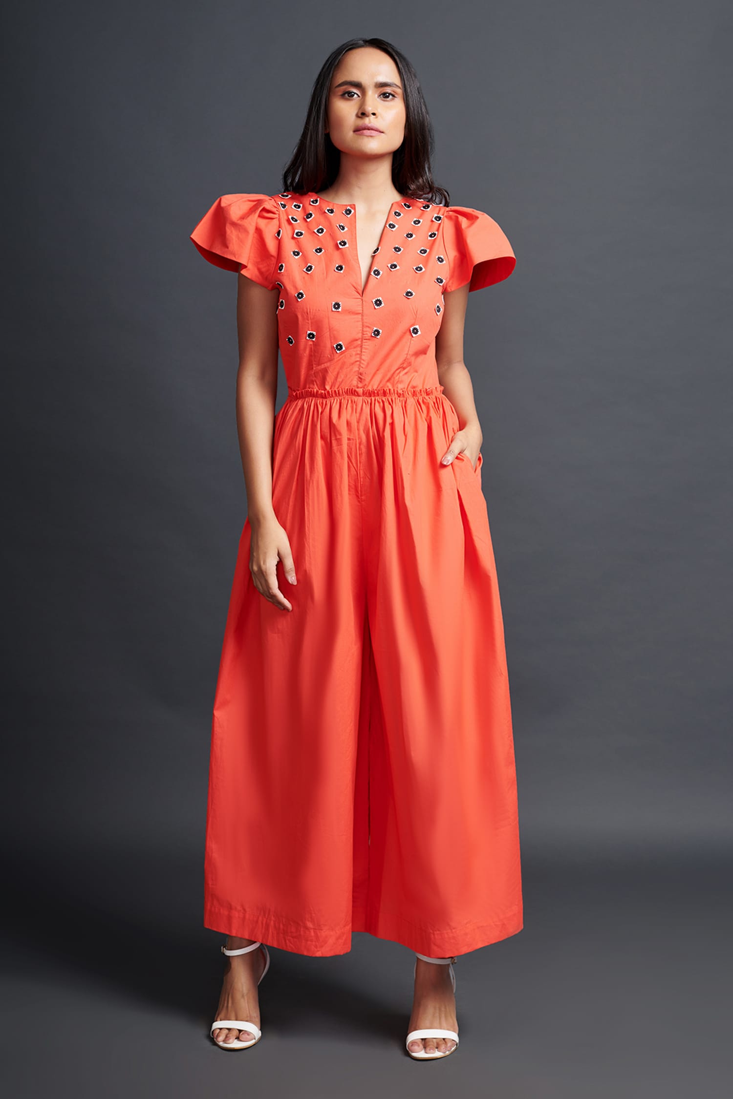 Buy Orange 100 Cotton Embroidery Geometric Applique Yoke Jumpsuit For