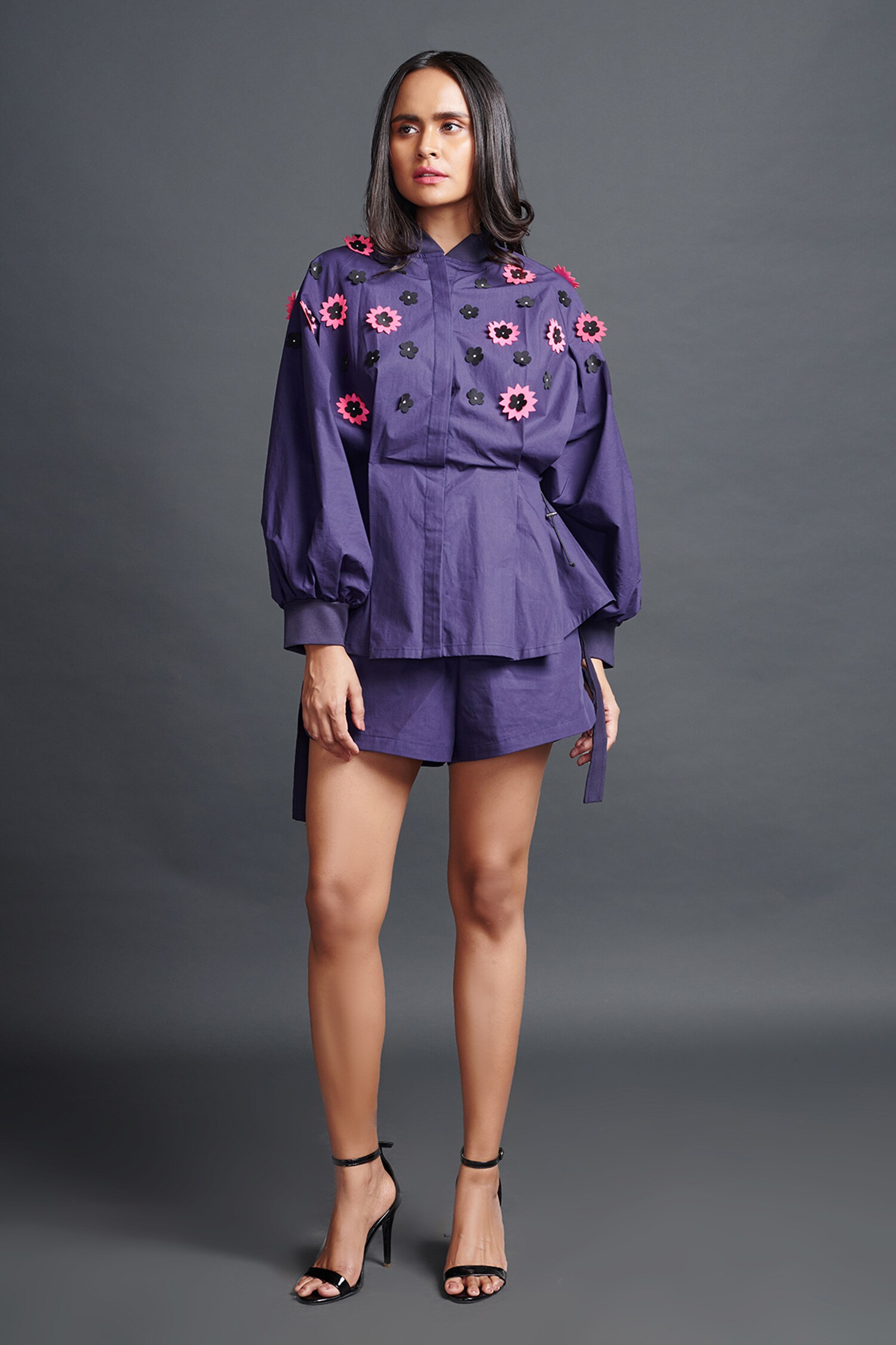 Buy Purple 100 Cotton Embroidery Confetti Applique Shirt And Shorts Set For Women by Deepika