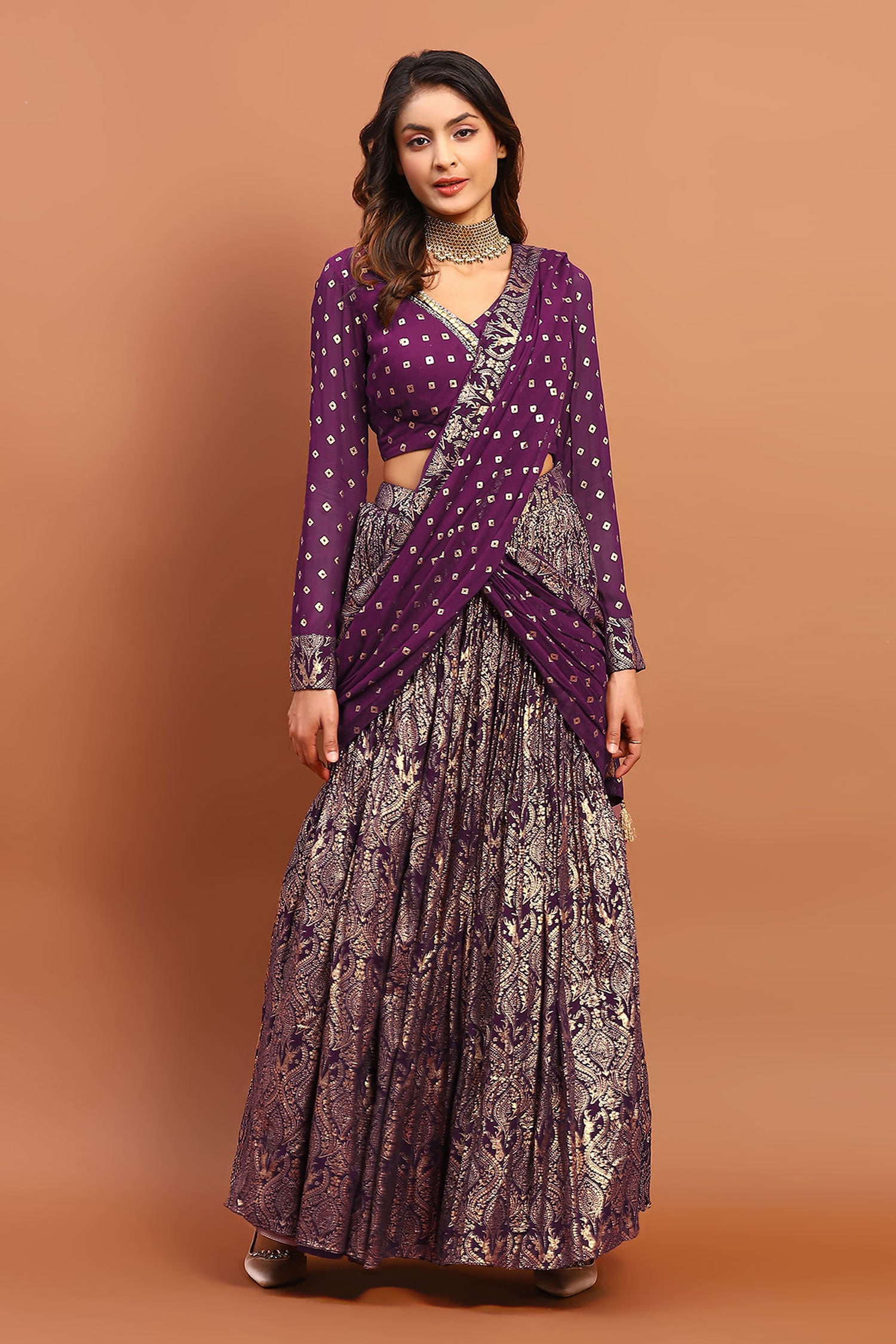 Buy Grey Silk Round Printed And Embroidered Lehenga Set For Women by I am  Design Online at Aza Fashions.